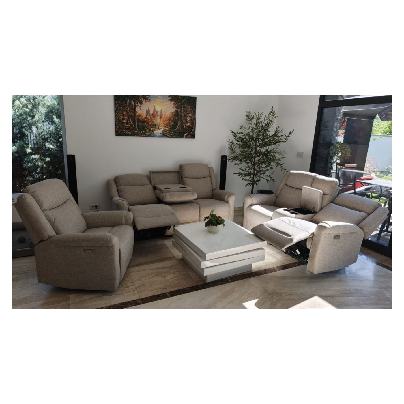 Elektromos dönthető kanapé szett, 3 részes, recliner funkció, középső konzol, 6 ülőhelyes, világosszürke - 4