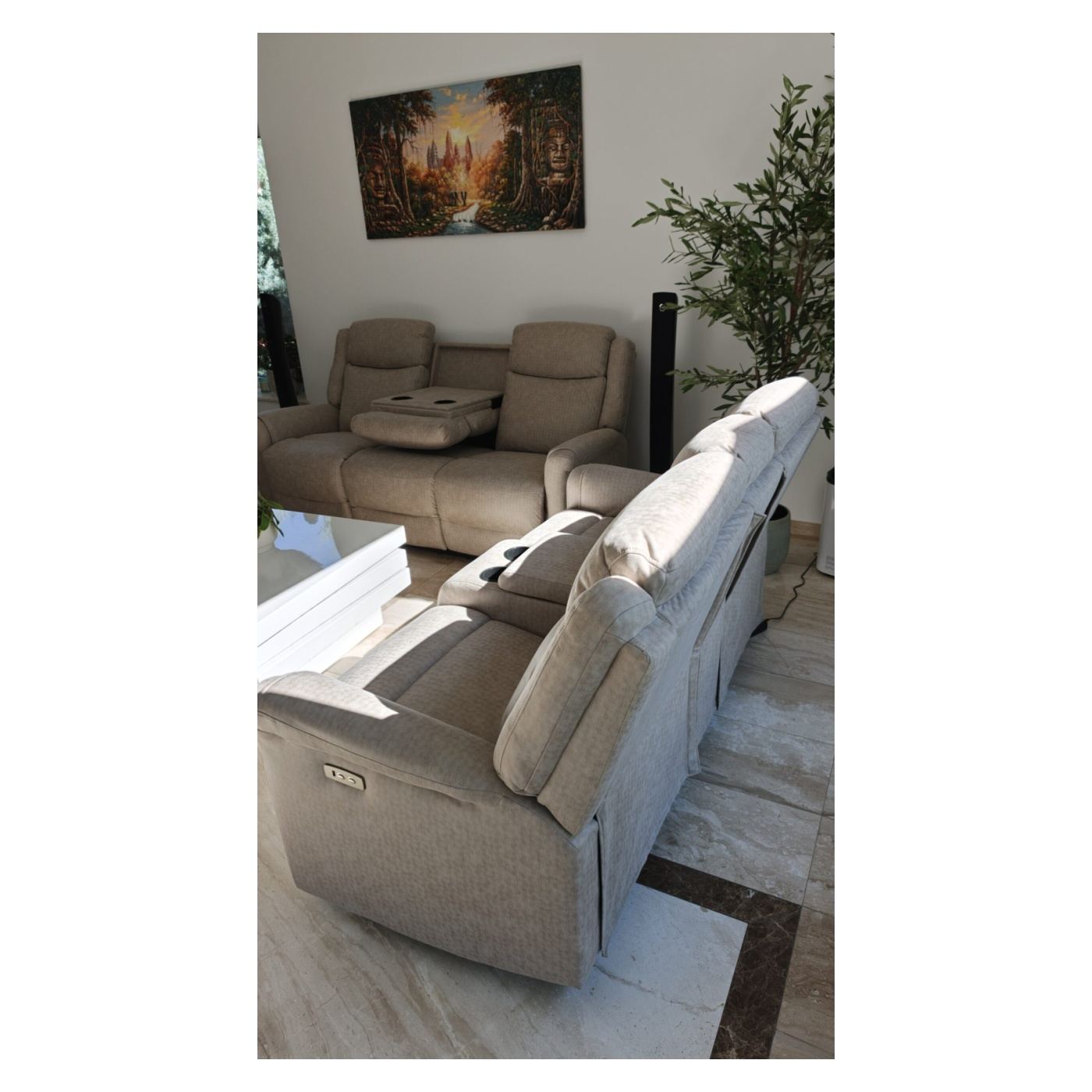 Elektromos dönthető kanapé szett, 3 részes, recliner funkció, középső konzol, 6 ülőhelyes, világosszürke - 7