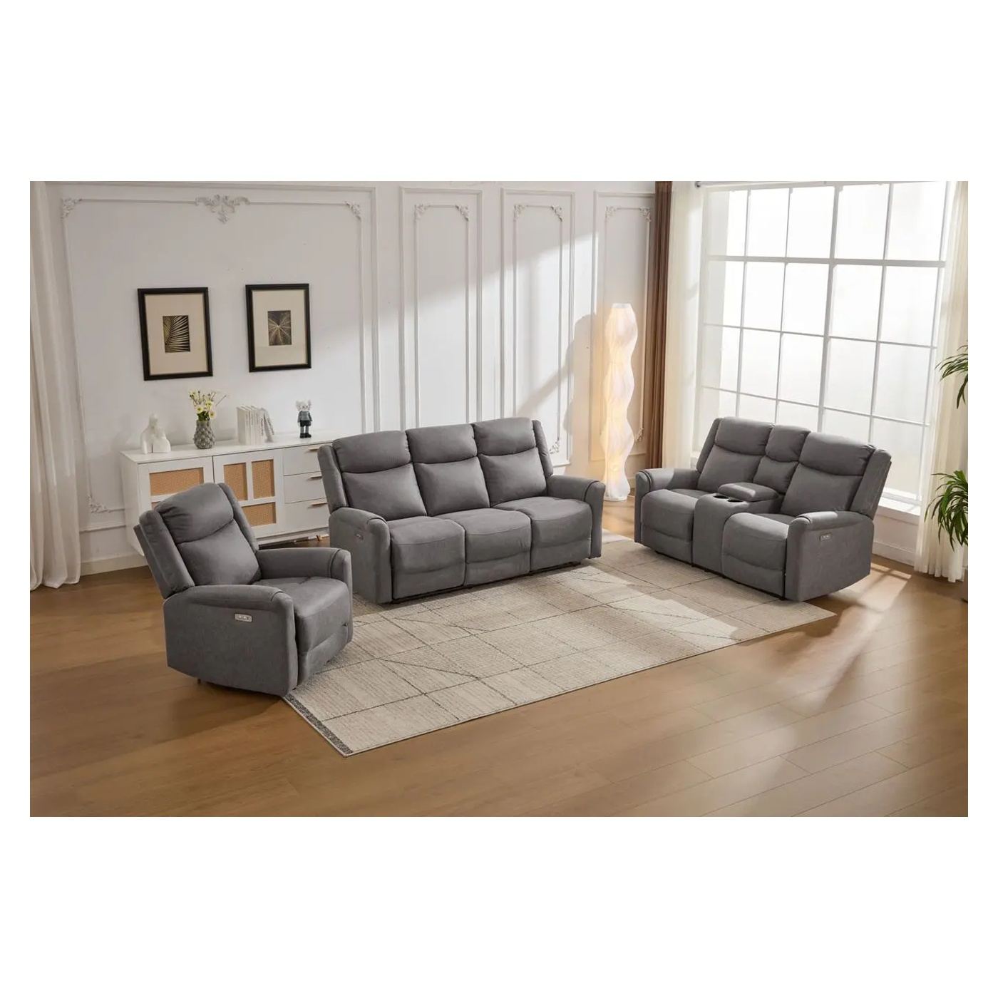 Elektromos dönthető kanapé szett, 3 részes, recliner funkció, középső konzol, 6 ülőhelyes, világosszürke - 8