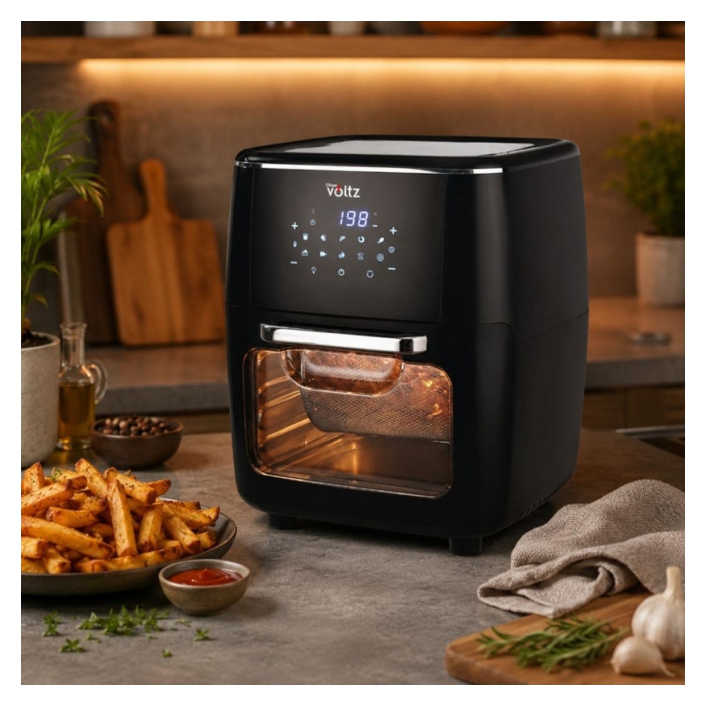 Oliver Voltz OV51980AO forró levegős sütő-fritőz, 1700 W, 13 L, 10 program, 65–200 °C, forgó nyársak és kosár, érintőképernyő, b - 2