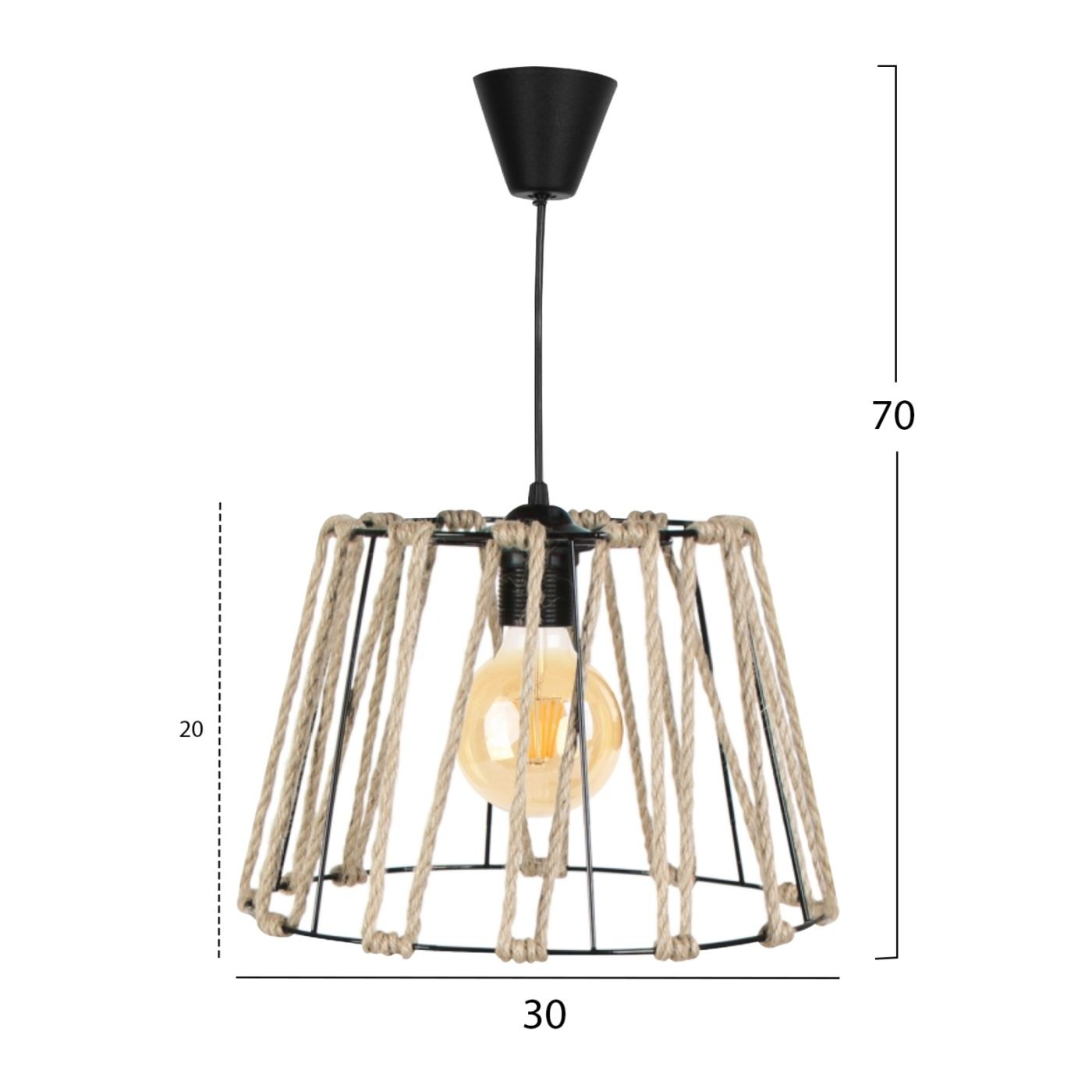 Rusztikus kötéllel ellátott mennyezeti lámpa, E27, fekete/természetes árnyalat, 40 cm - 2
