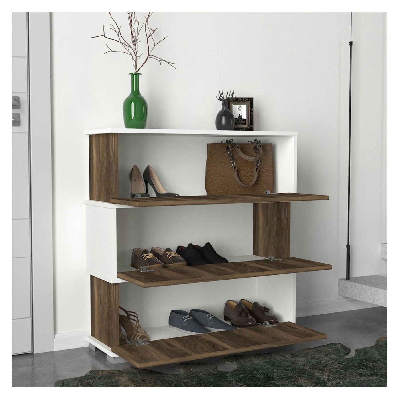 Dulap pentru pantofi, nuanta alb/nuc, 90x30x93 cm - 5