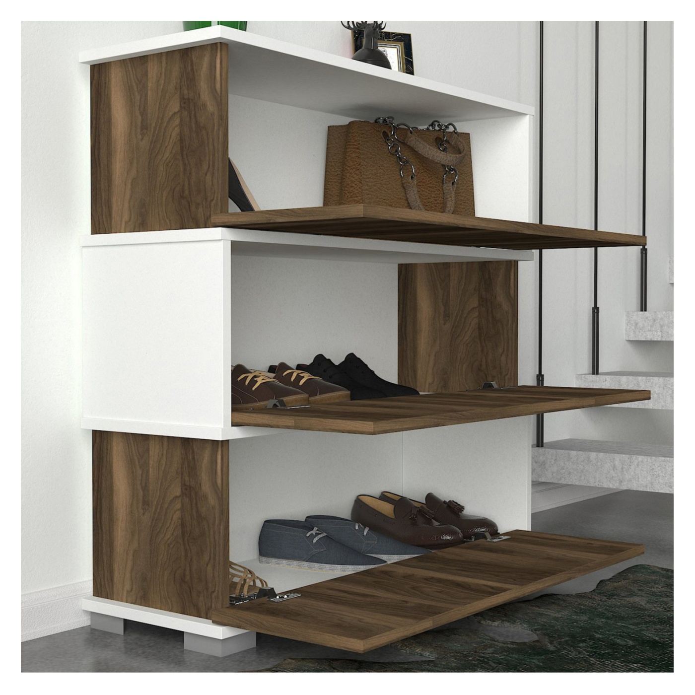 Dulap pentru pantofi, nuanta alb/nuc, 90x30x93 cm - 9