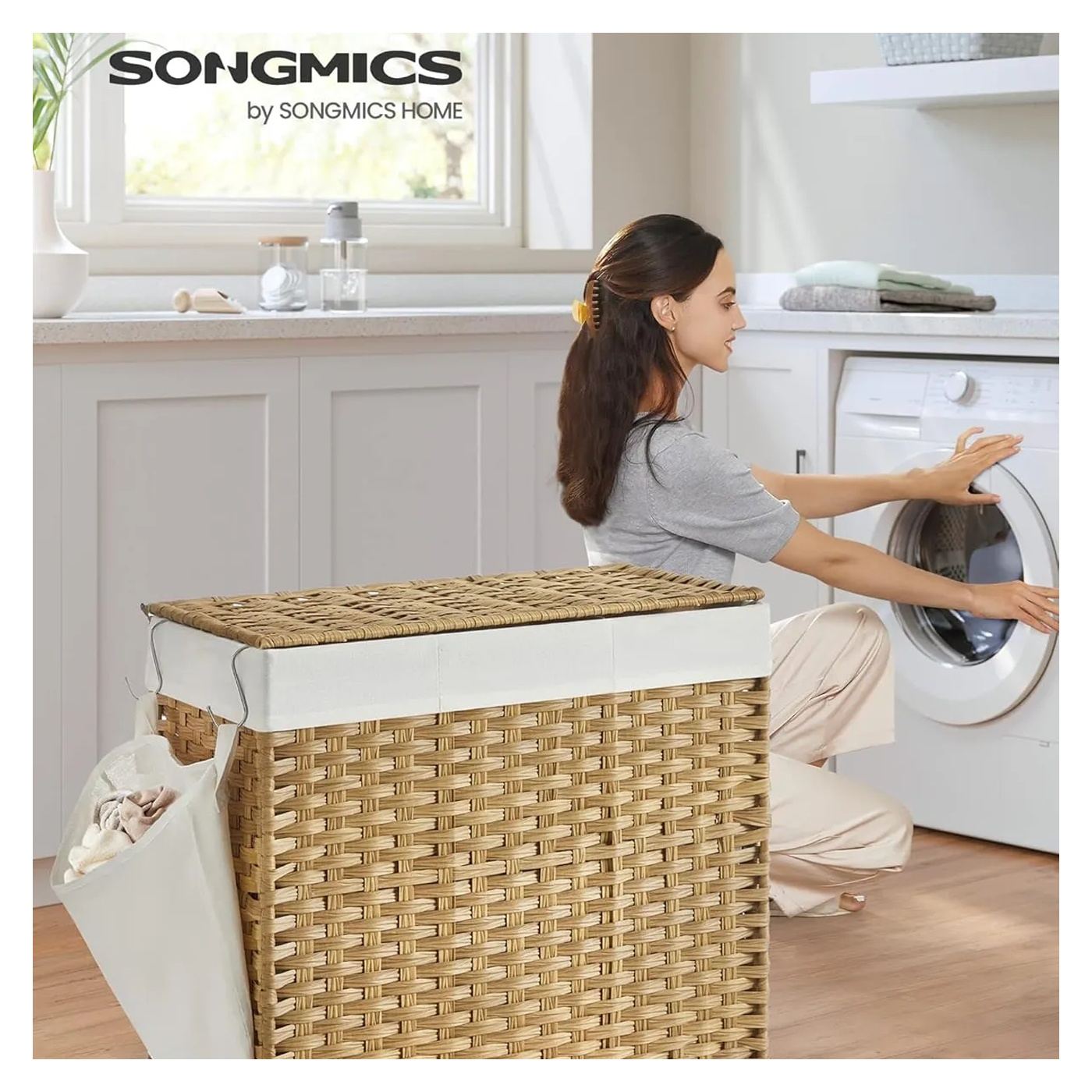 Kézzel szőtt szennyeskosár, SONGMICS, 140L, rattan utánzat, 3 részes, kivehető táska, fedél, fogantyúk, könnyű összeszerelés, 66 - 2