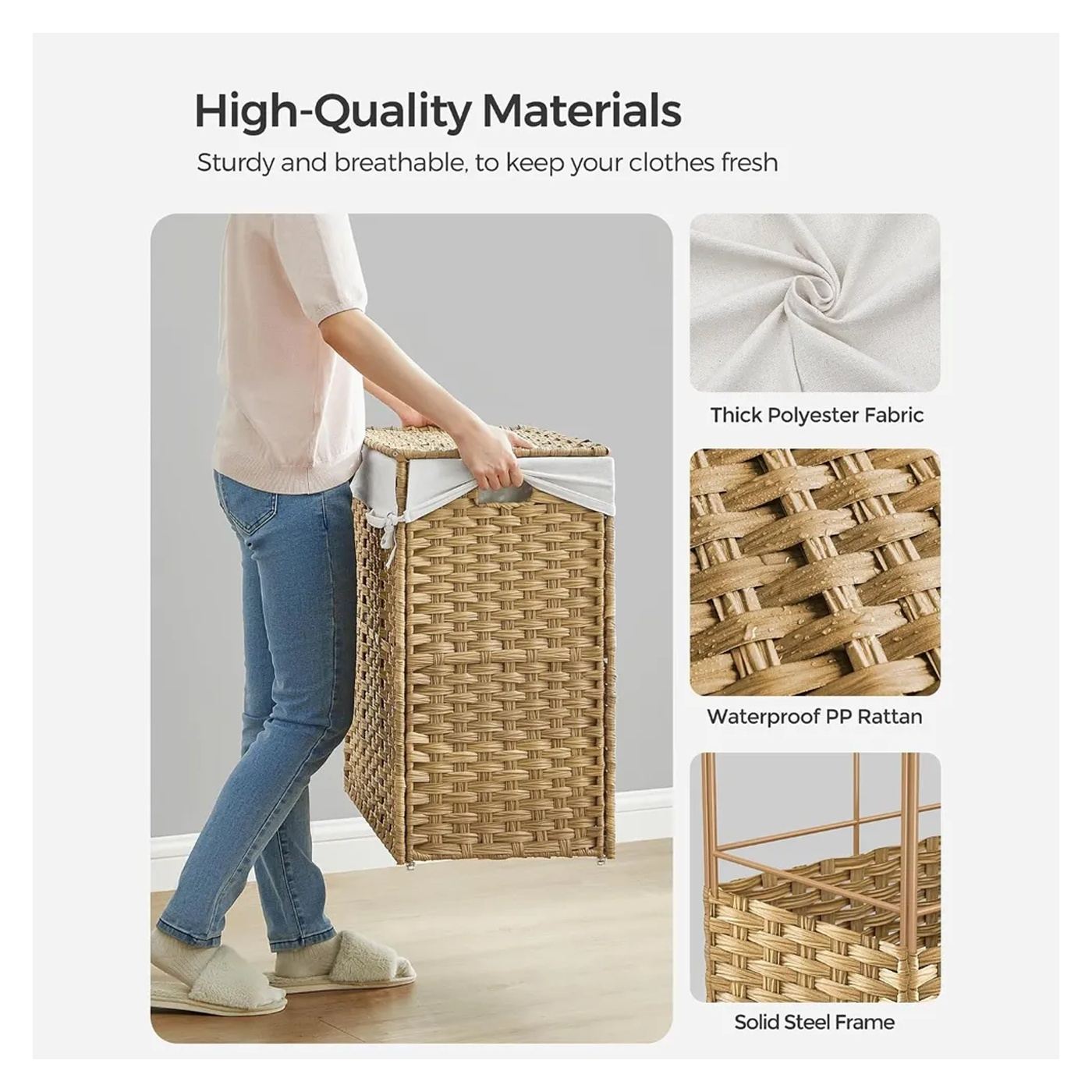 Kézzel szőtt szennyeskosár, SONGMICS, 140L, rattan utánzat, 3 részes, kivehető táska, fedél, fogantyúk, könnyű összeszerelés, 66 - 7