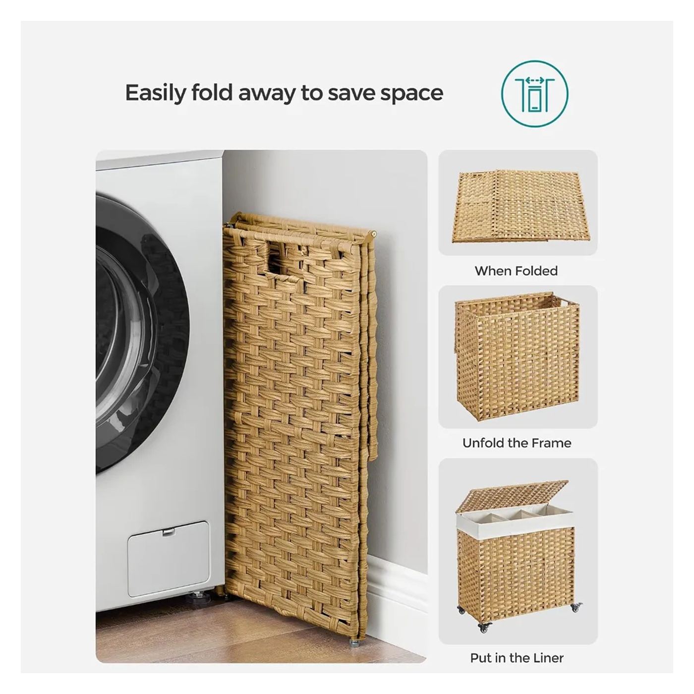 Kézzel szőtt szennyeskosár, SONGMICS, 140L, rattan utánzat, 3 részes, kivehető táska, fedél, fogantyúk, könnyű összeszerelés, 66 - 8