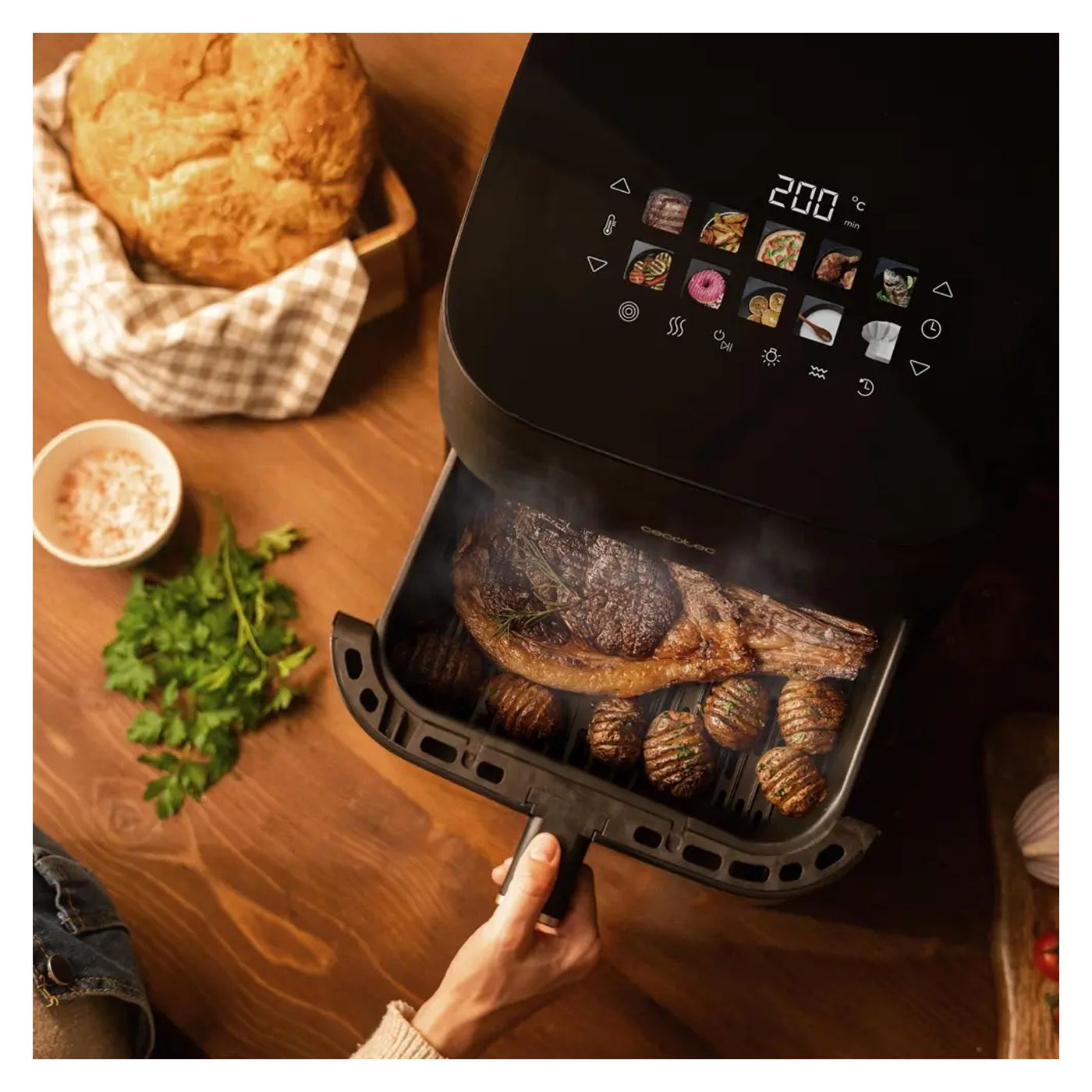 Cecotec 3 az 1-ben forrólevegős fritőz és grill, 6,5 literes kapacitás, füstölő funkció és pizza sütőlap, állítható hőmérséklet, - 8