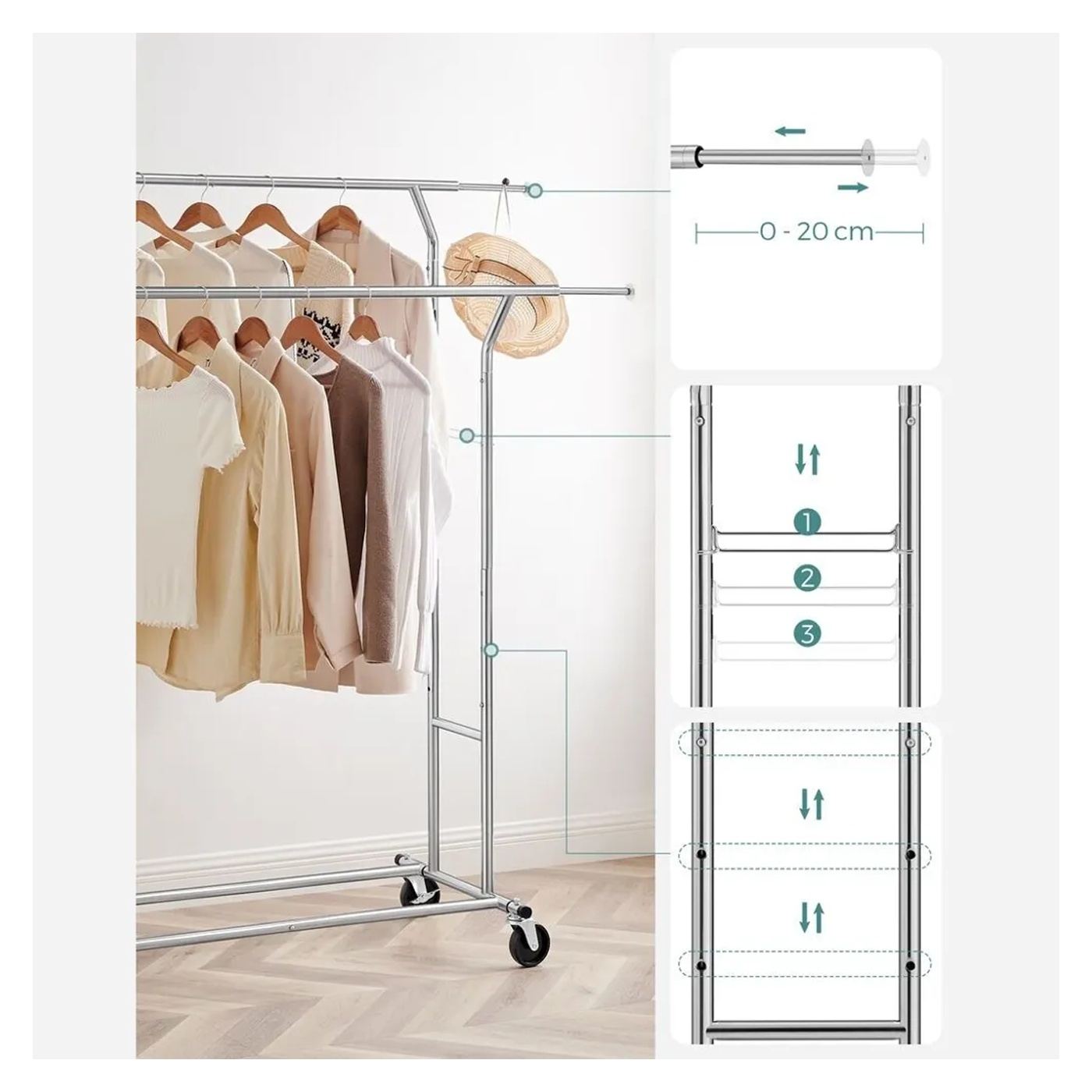 SONGMICS HSR12S ruhaállvány, krómozott vas, állítható rúd, 129 x 55 x 148/172 cm - 6