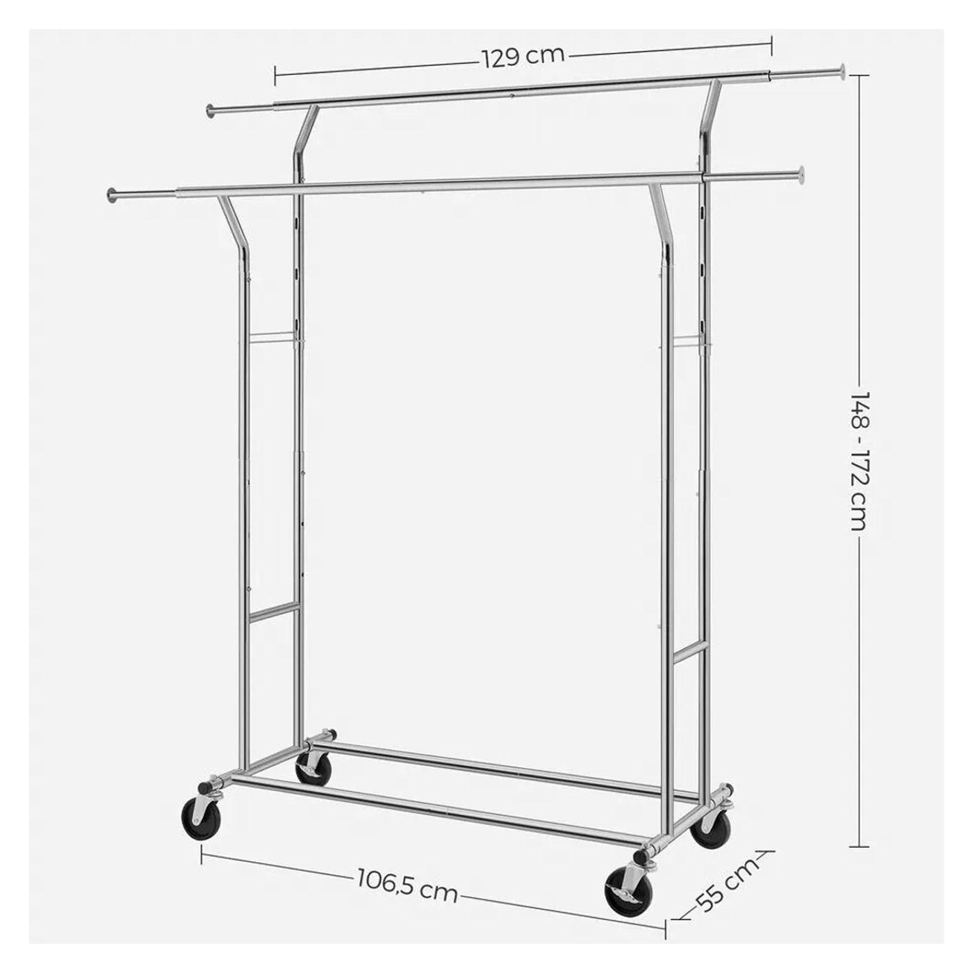SONGMICS HSR12S ruhaállvány, krómozott vas, állítható rúd, 129 x 55 x 148/172 cm - 9