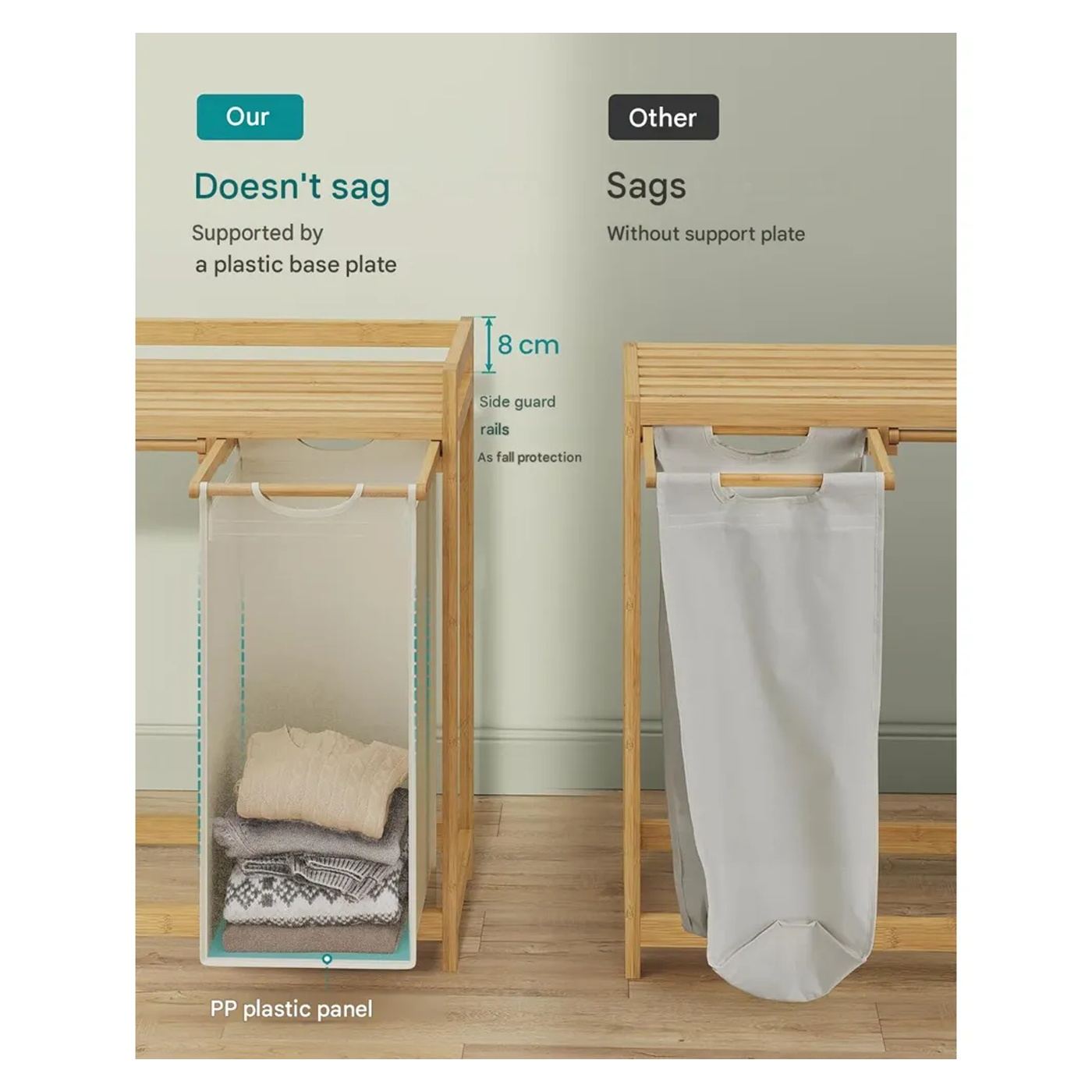 Szennyeskosár, 2x 50 l, Songmics, fehér, bambuszból készült, 2 rekesszel a válogatáshoz, felső polccal és oldalsó zsebekkel, kiv - 5