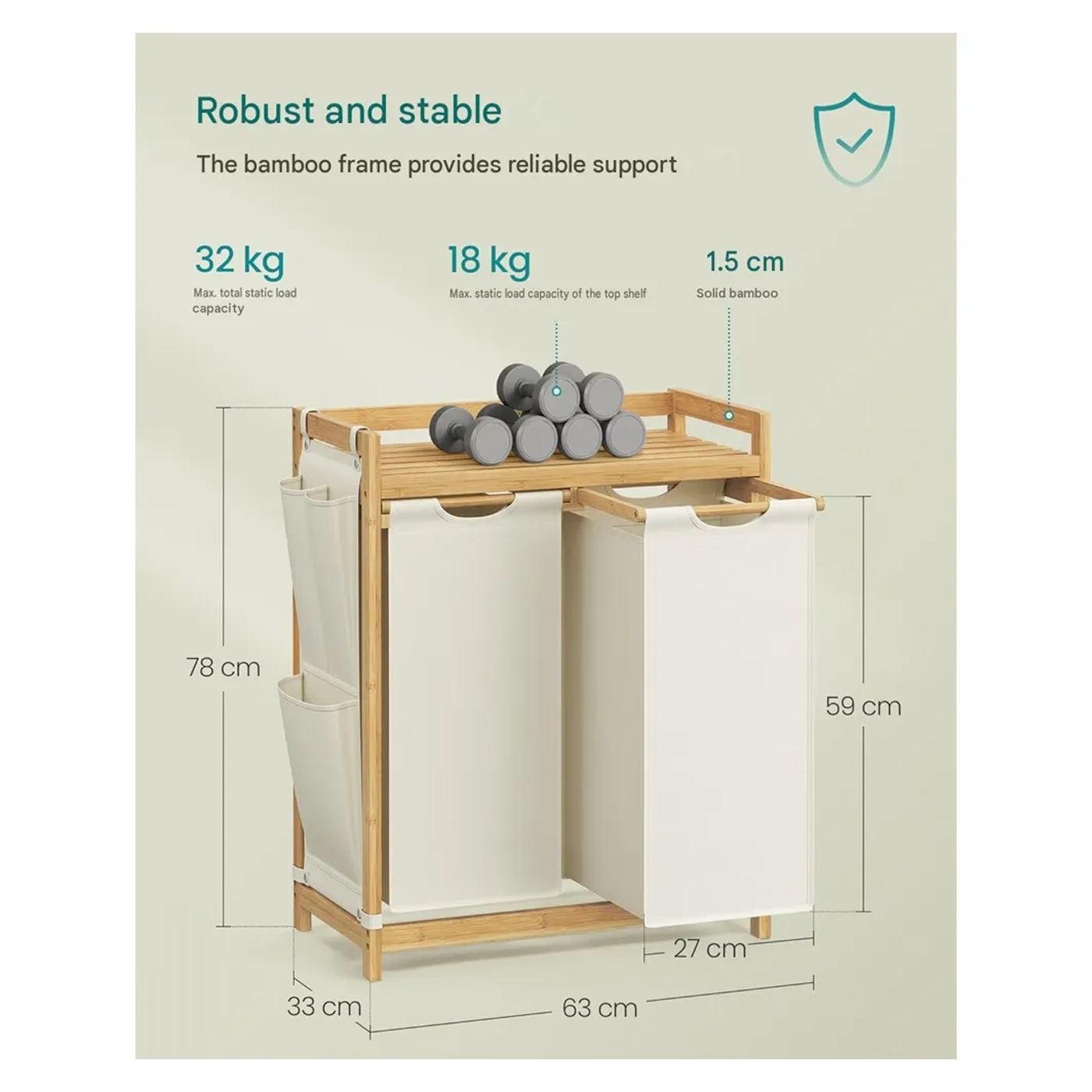 Szennyeskosár, 2x 50 l, Songmics, fehér, bambuszból készült, 2 rekesszel a válogatáshoz, felső polccal és oldalsó zsebekkel, kiv - 6