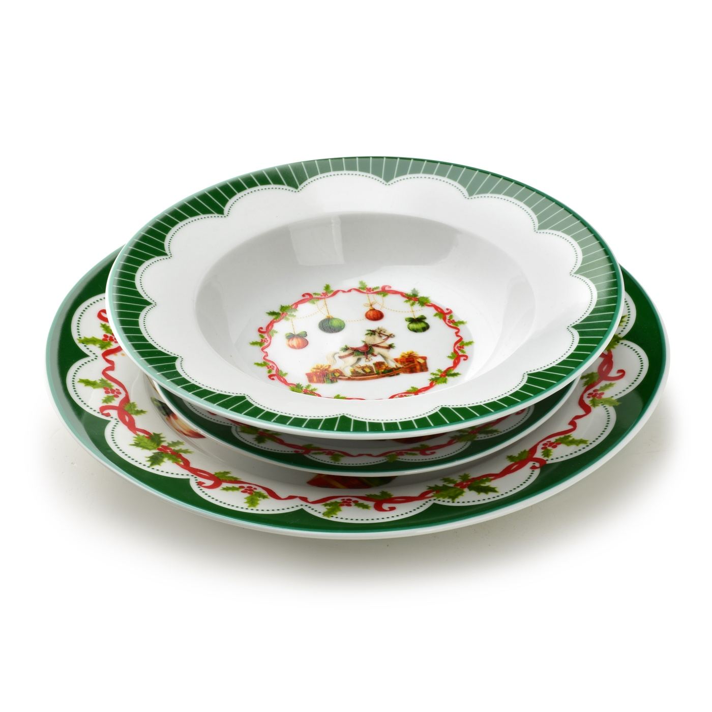 Porcelán tányérkészlet SANTA LILA 22x4cm 19x2cm 27x2,5cm fehér zöld 3db - 4