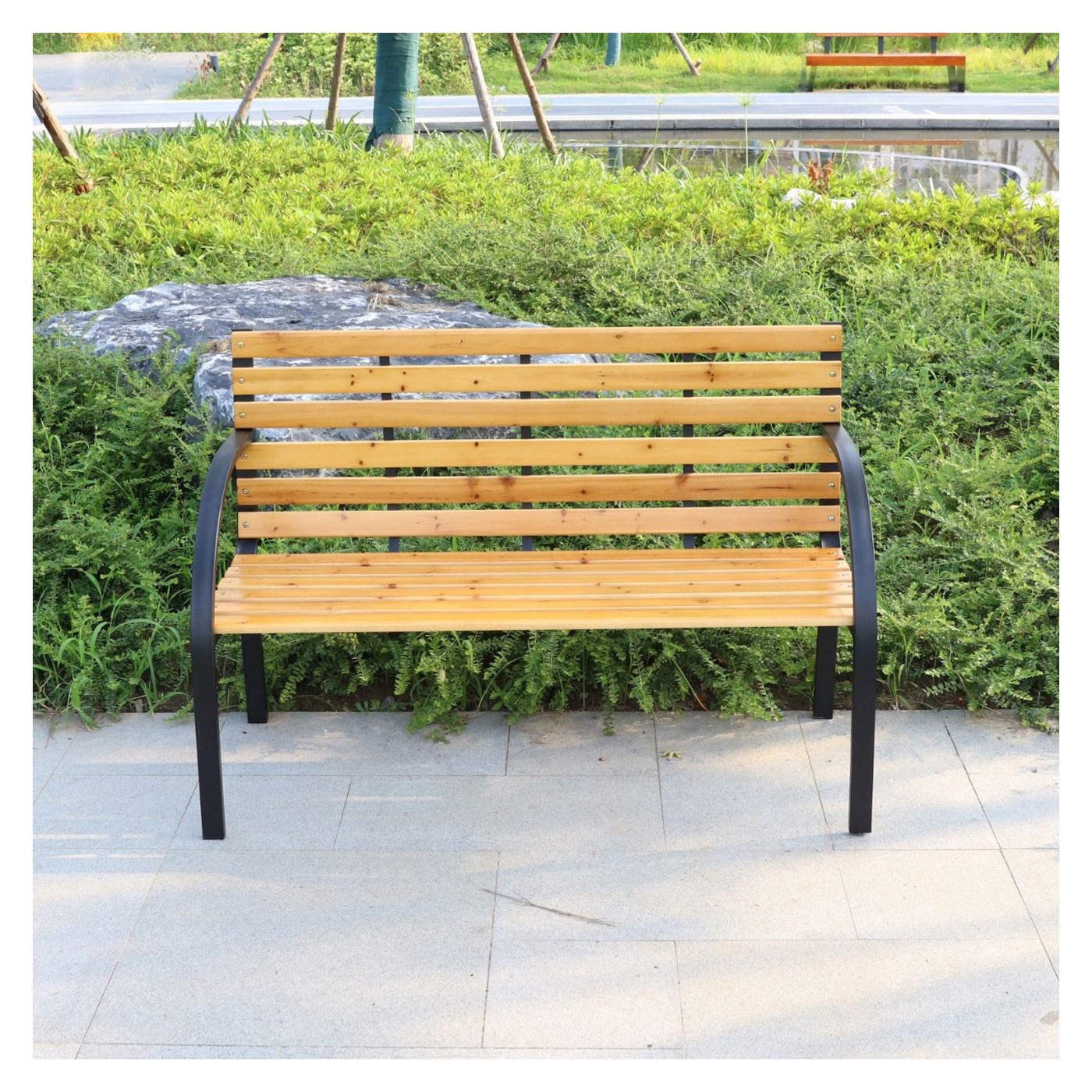 Osaka Kerti Pad, 122x60x83 cm, 2 Személyes, Acél Váz, Természetes Barna Fa - 2