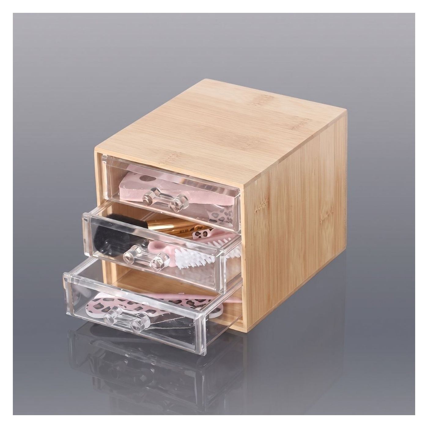 Doboz bambus ékszerekhez és kozmetikumokhoz, 3 átlátszó fiókkal, 15.2x12.2x10.3 cm - 4