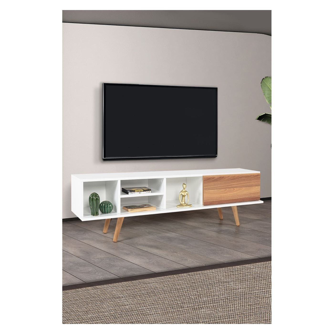 TV állvány, fehér, dió - 3