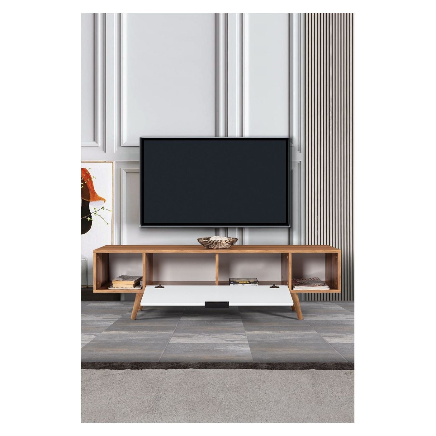 TV állvány, diófa, fehér - 2