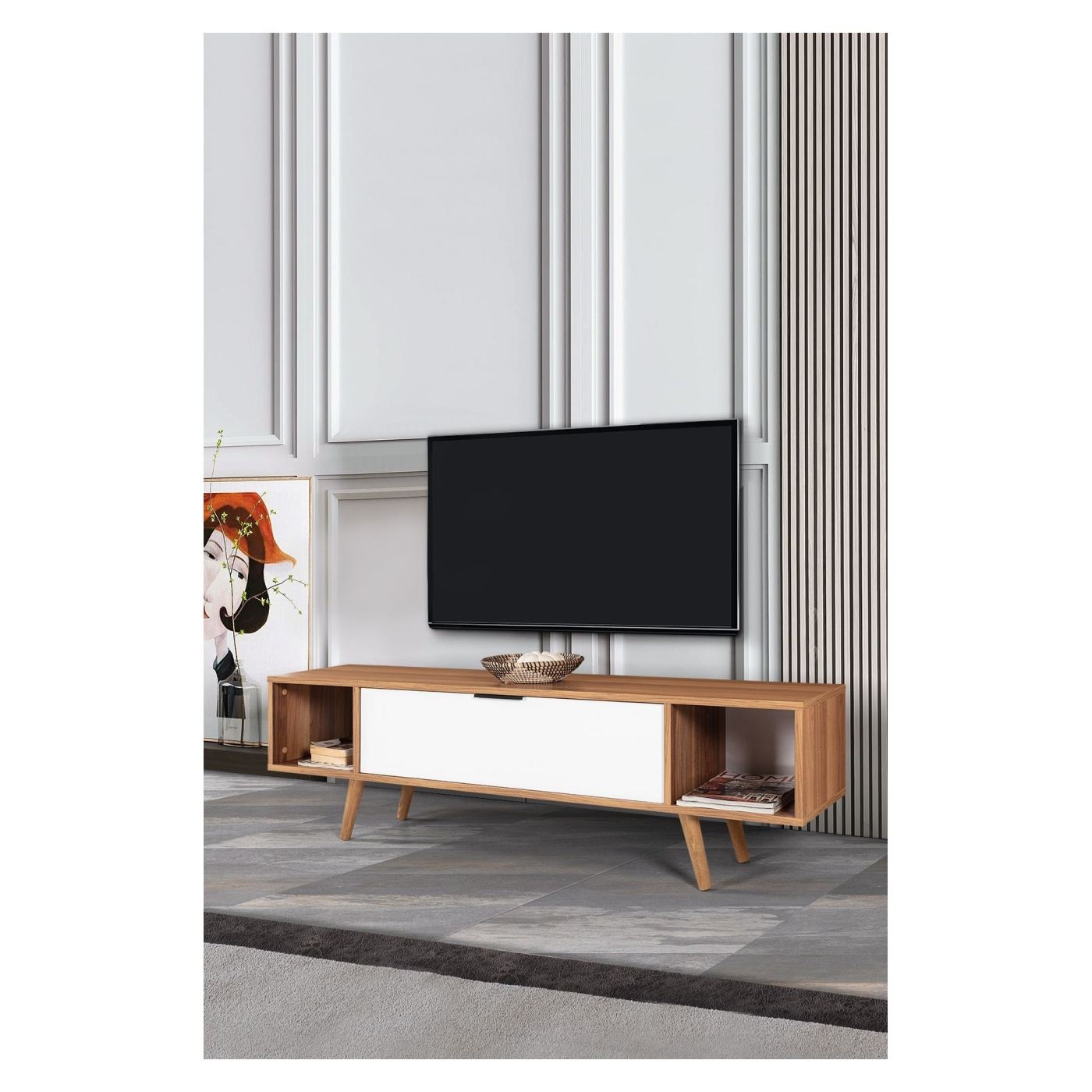 TV állvány, diófa, fehér - 3