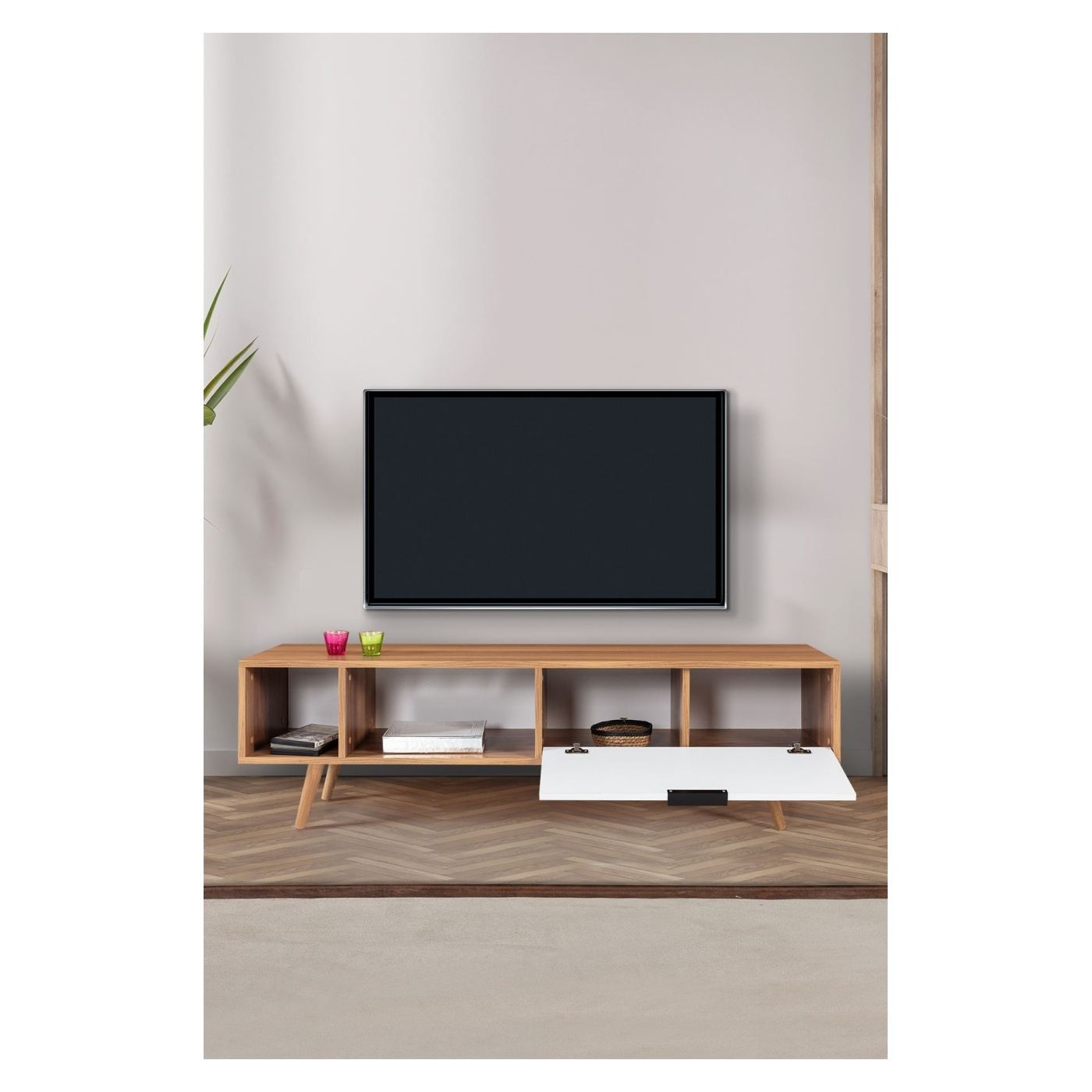 TV állvány, diófa, fehér - 2
