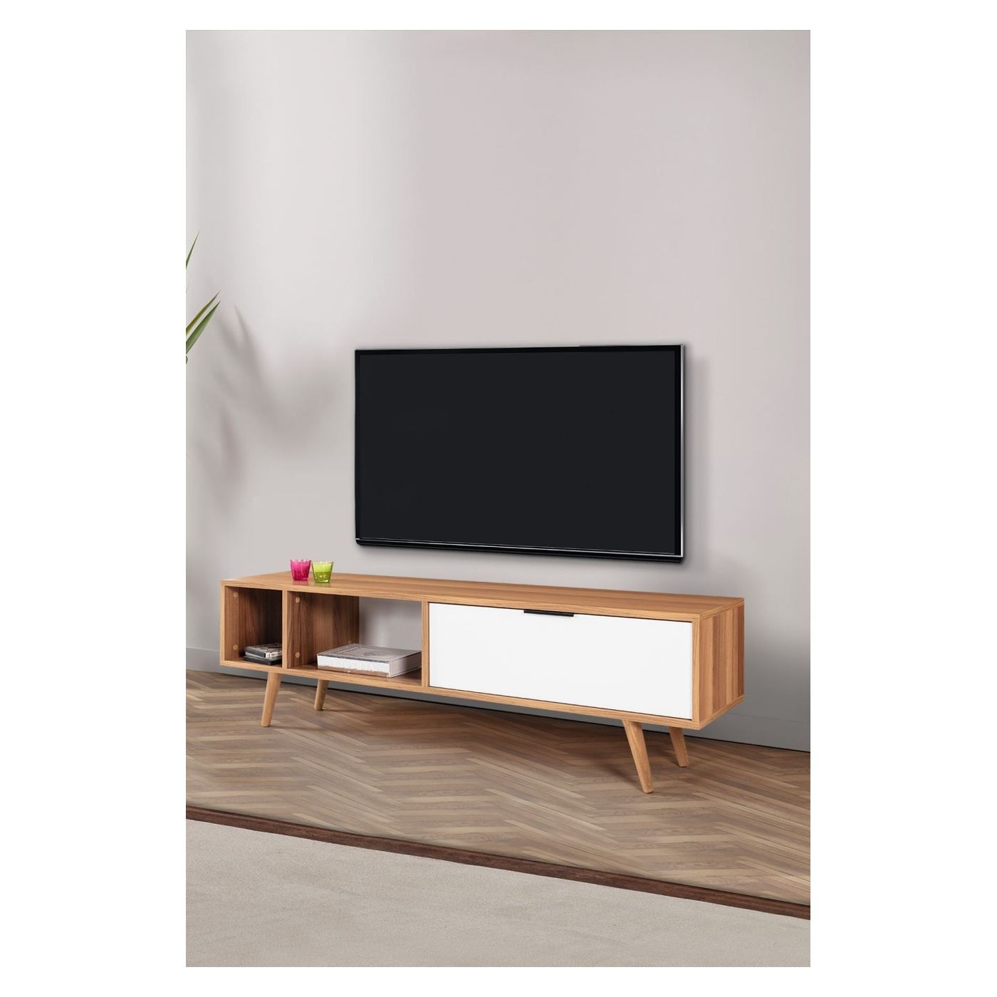 TV állvány, diófa, fehér - 3