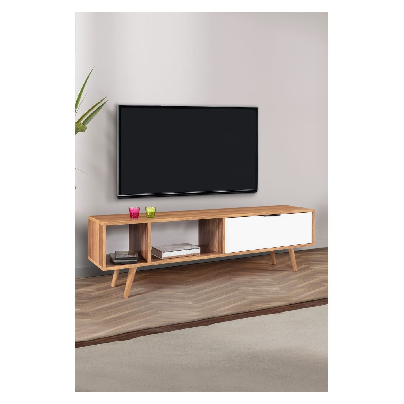 TV állvány, diófa, fehér - 4