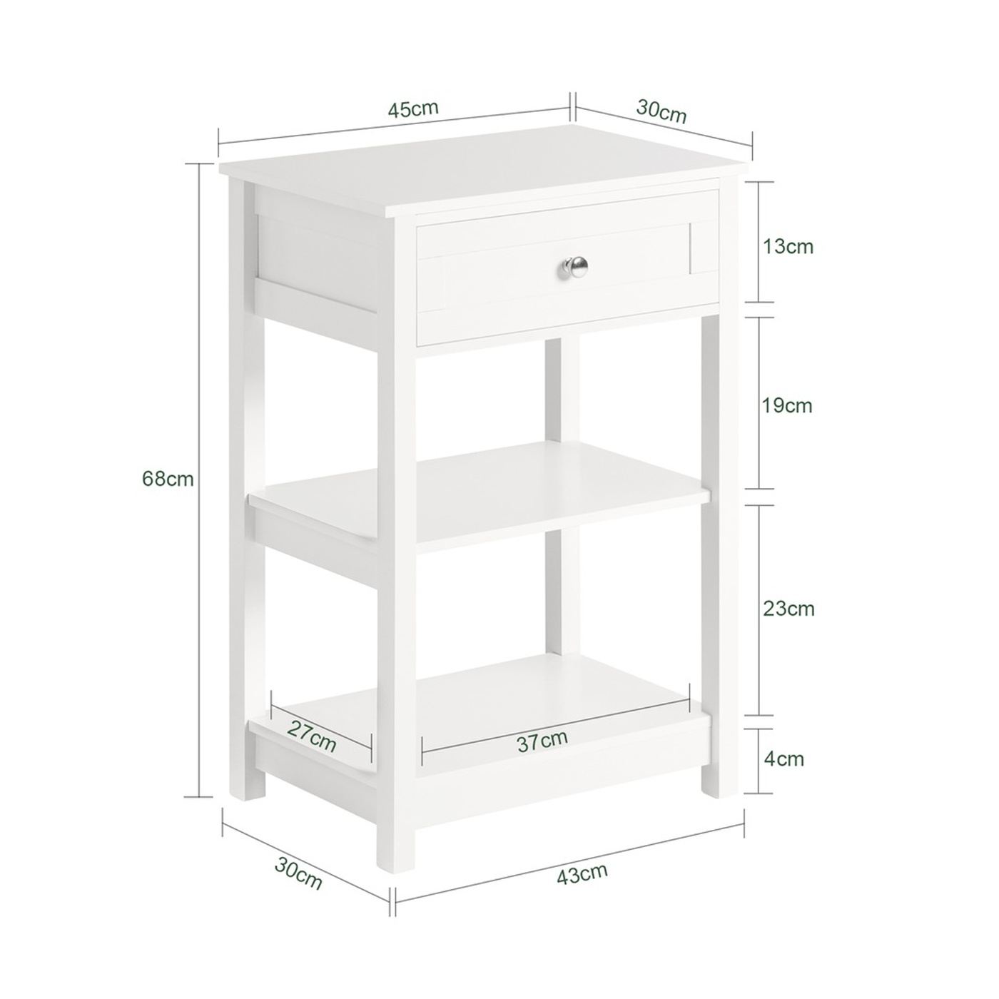SoBuy Éjjeliszekrény fiókkal és két polccal Fehér 45x30x68 cm FBT46-WX2 - 4
