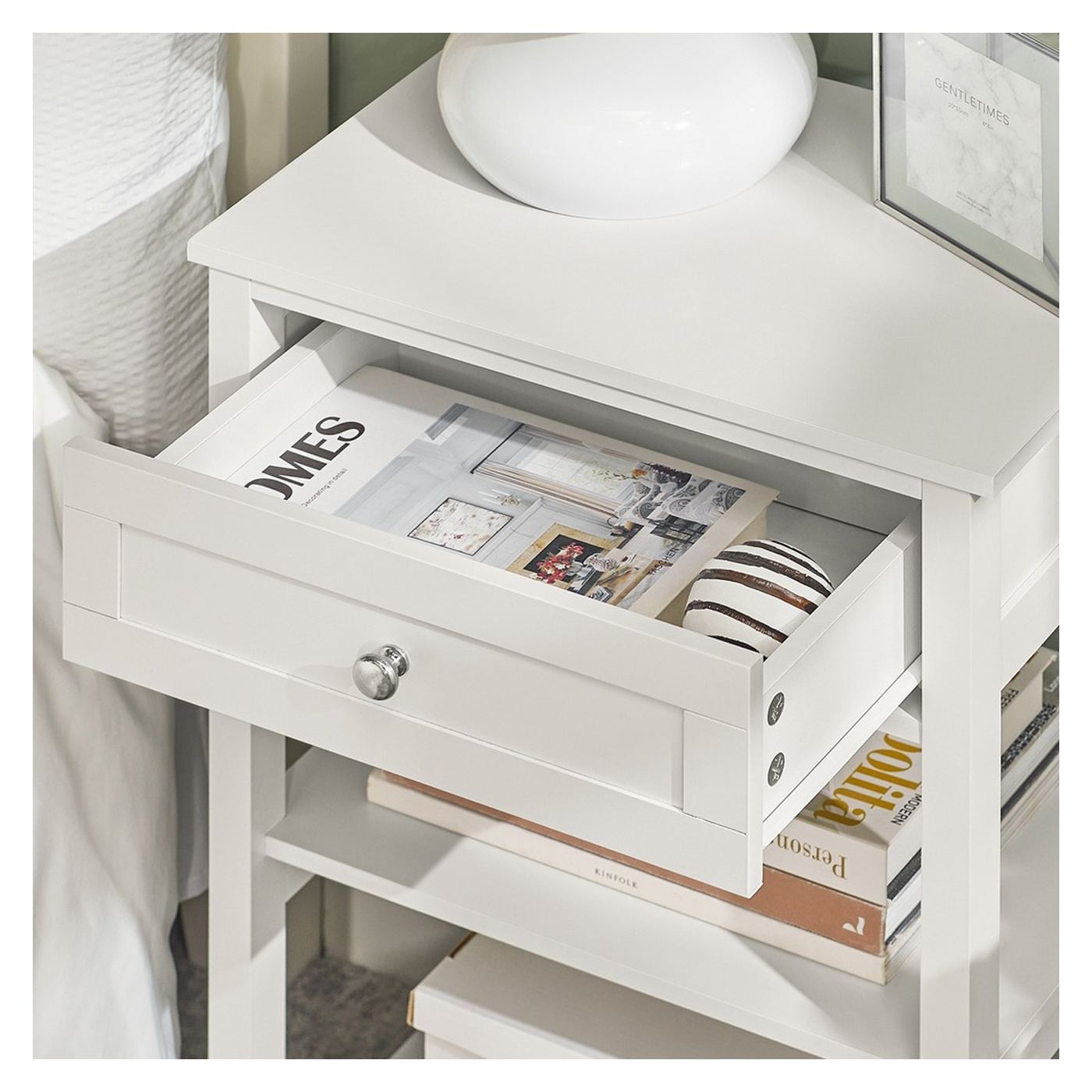SoBuy Éjjeliszekrény fiókkal és két polccal Fehér 45x30x68 cm FBT46-WX2 - 7