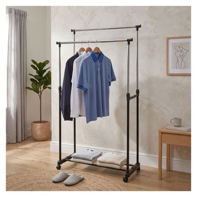 Suport dublu pentru umerașe, reglabil pe înălțime, cu roți, 80x42x90-160 cm