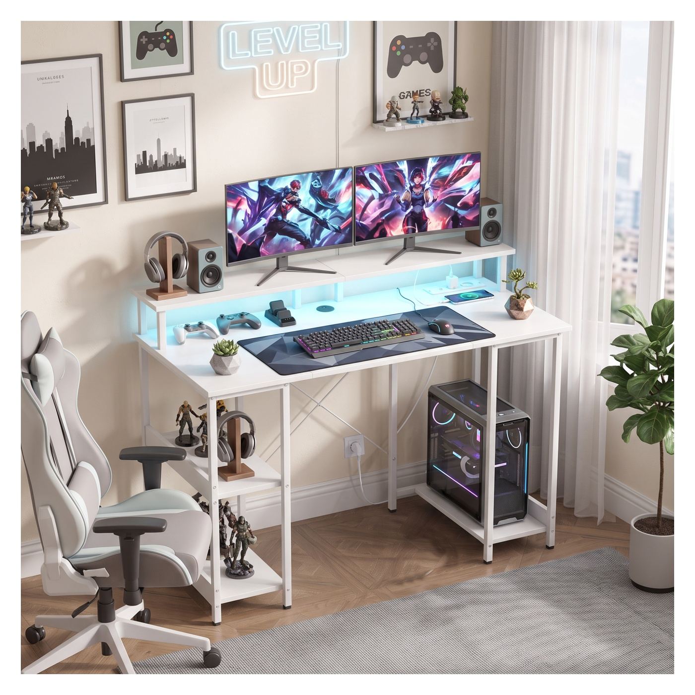 Обръщаемо бюро за компютър с рафтове, 120x50 см, с контакти и LED, стойка за двоен монитор, бяло - 2