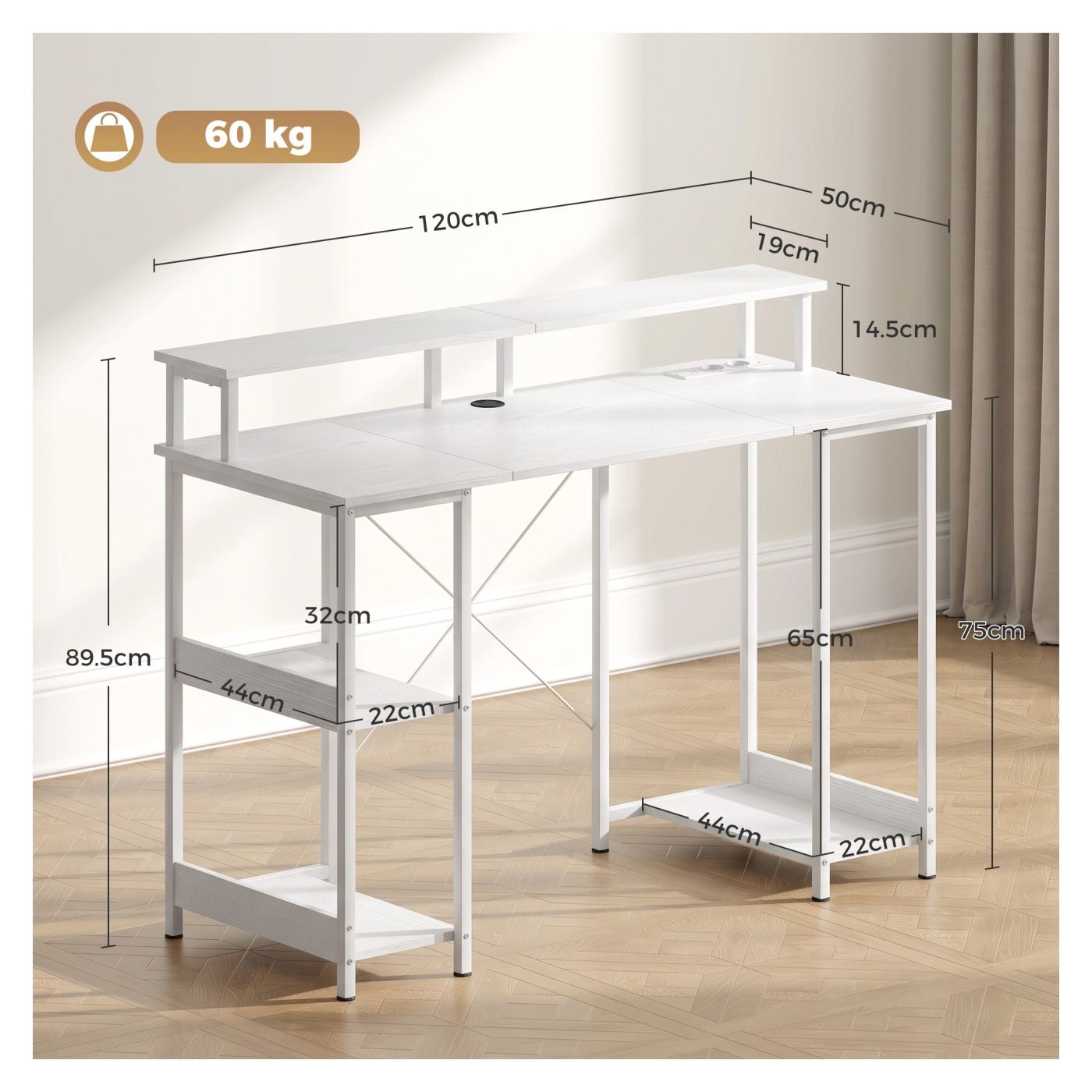 Обръщаемо бюро за компютър с рафтове, 120x50 см, с контакти и LED, стойка за двоен монитор, бяло - 3