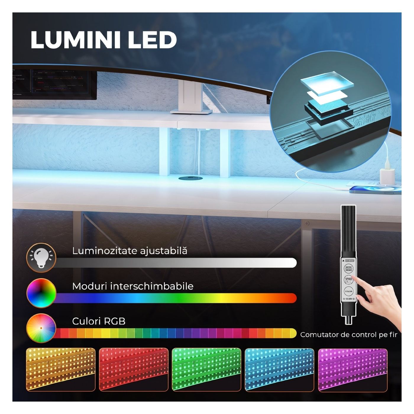 Обръщаемо бюро за компютър с рафтове, 120x50 см, с контакти и LED, стойка за двоен монитор, бяло - 5
