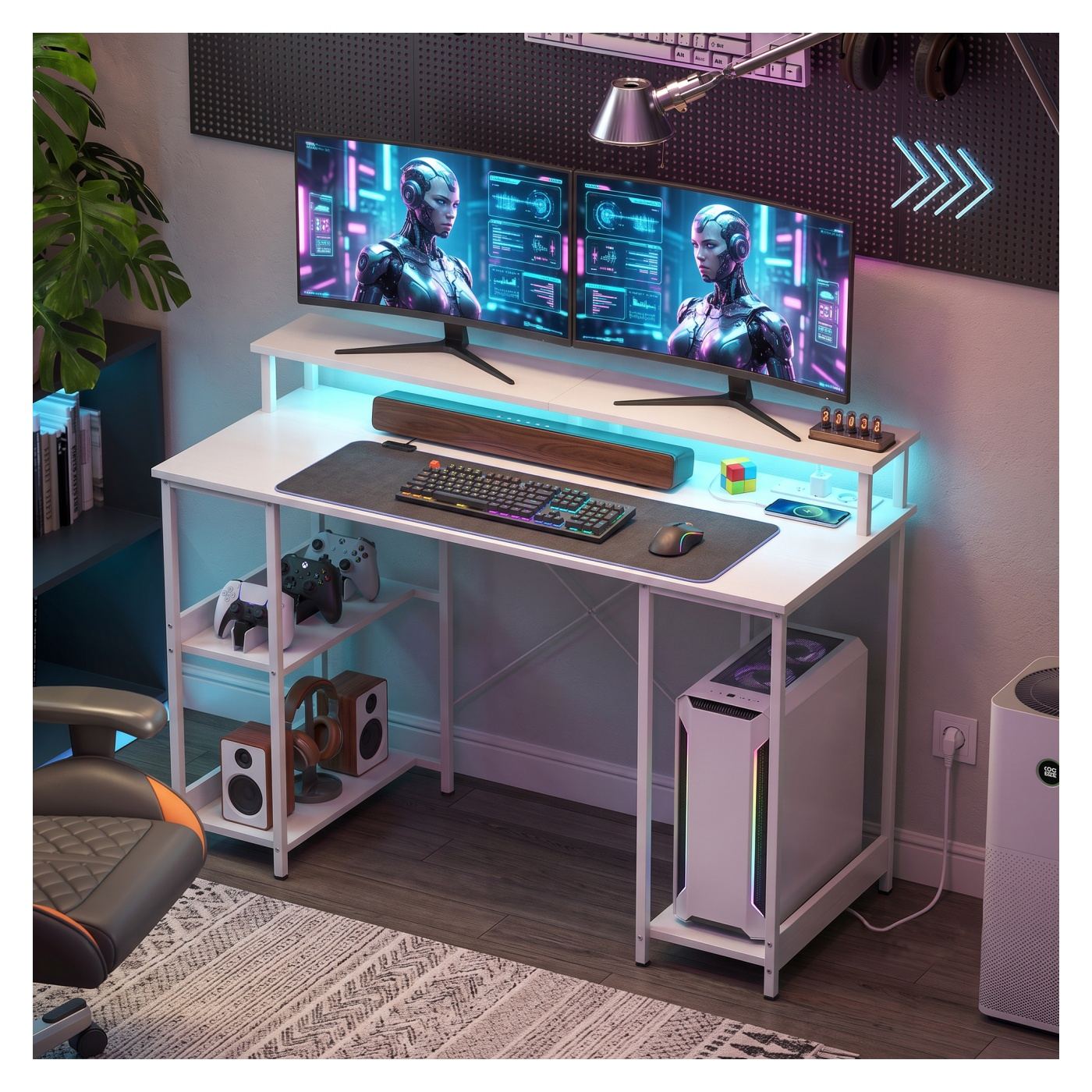 Обръщаемо бюро за компютър с рафтове, 120x50 см, с контакти и LED, стойка за двоен монитор, бяло - 9