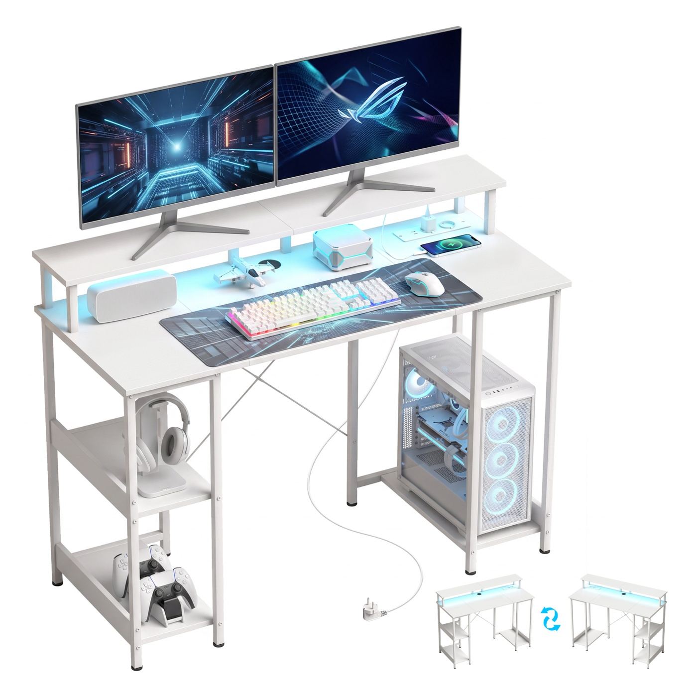 Обръщаемо бюро за компютър с рафтове, 120x50 см, с контакти и LED, стойка за двоен монитор, бяло - 11