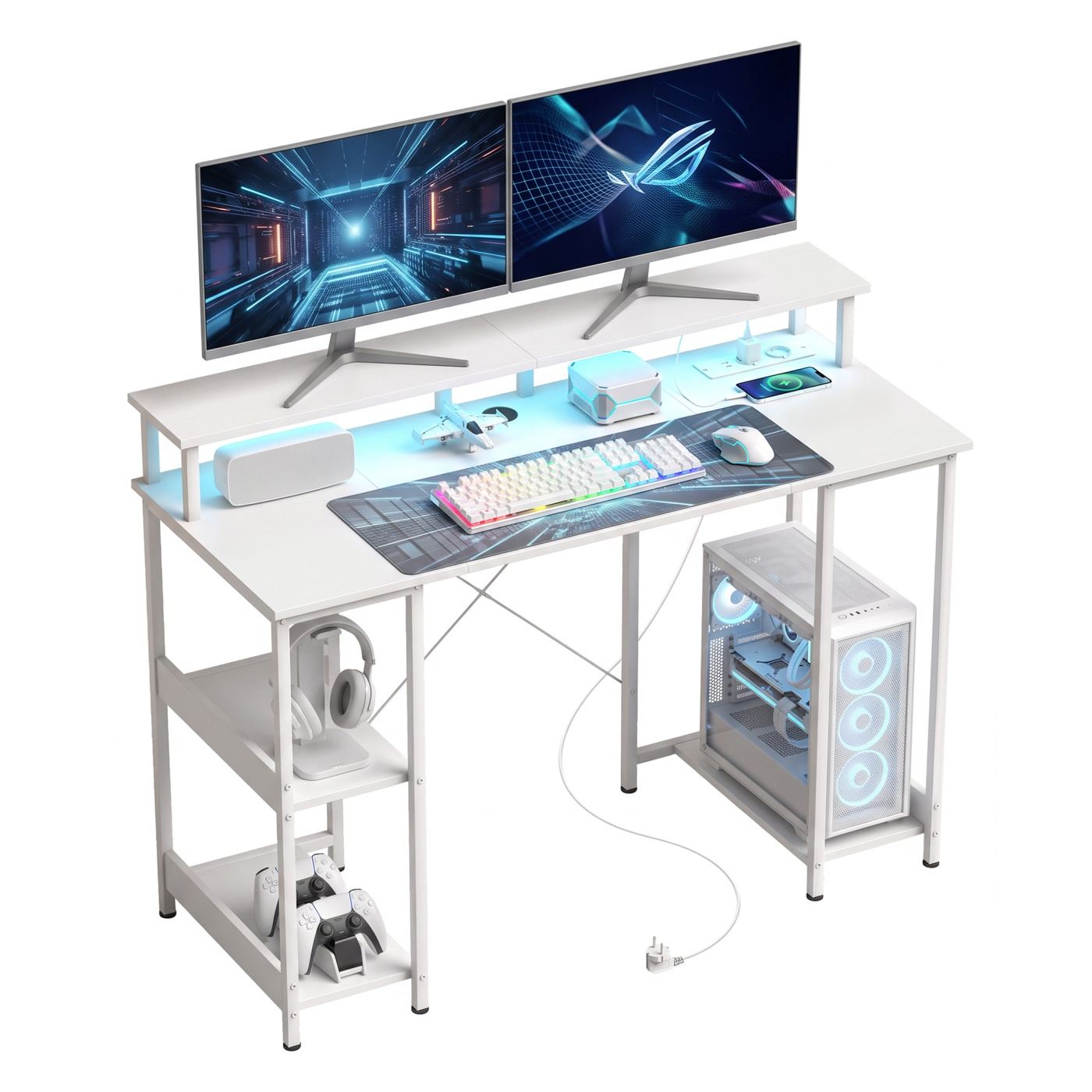 Обръщаемо бюро за компютър с рафтове, 120x50 см, с контакти и LED, стойка за двоен монитор, бяло - 12