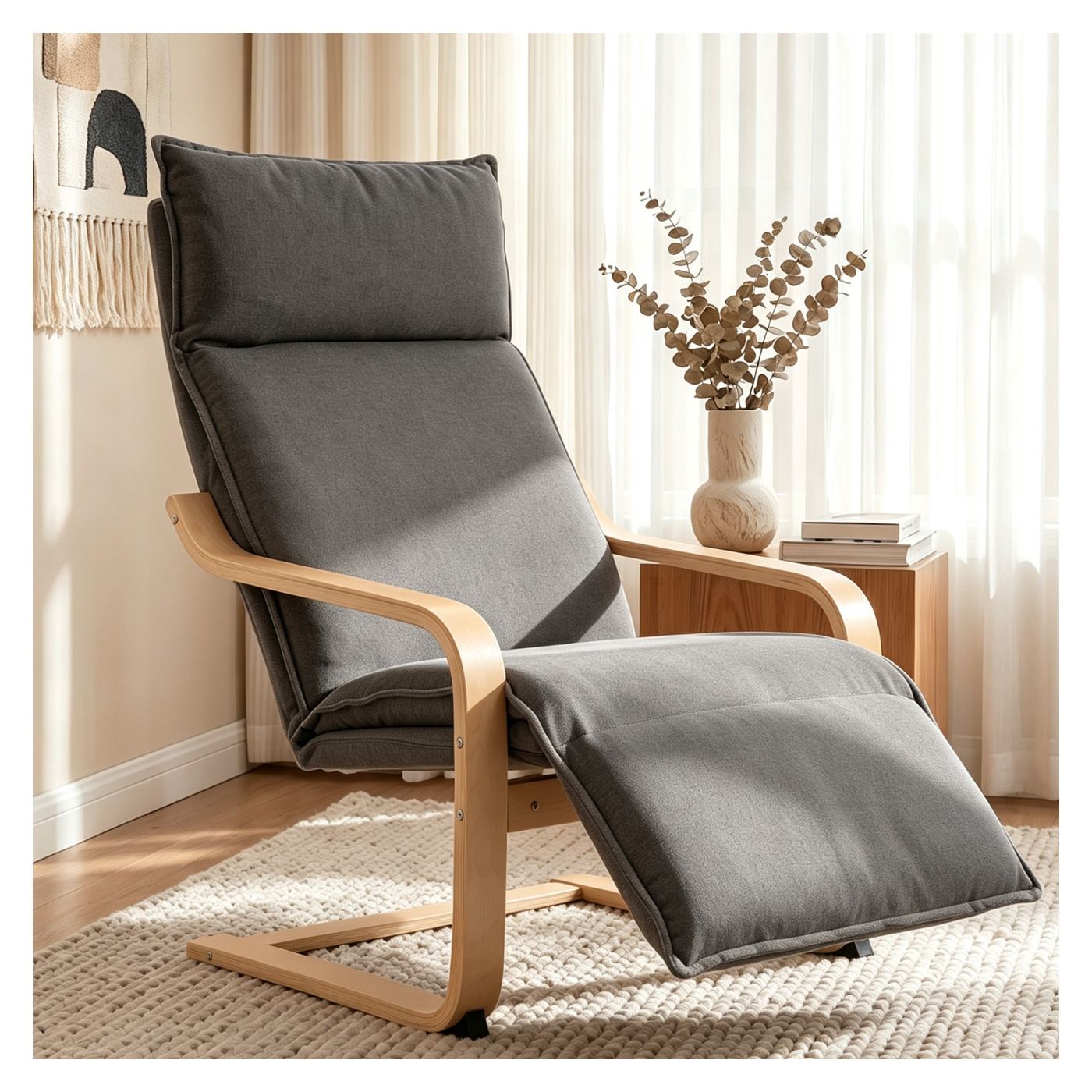 Модерен реклайнер фотьойл с вид на лен, подложка за крака, нежно люлеене, висок гръб, просторна седалка, дървени крака - 2