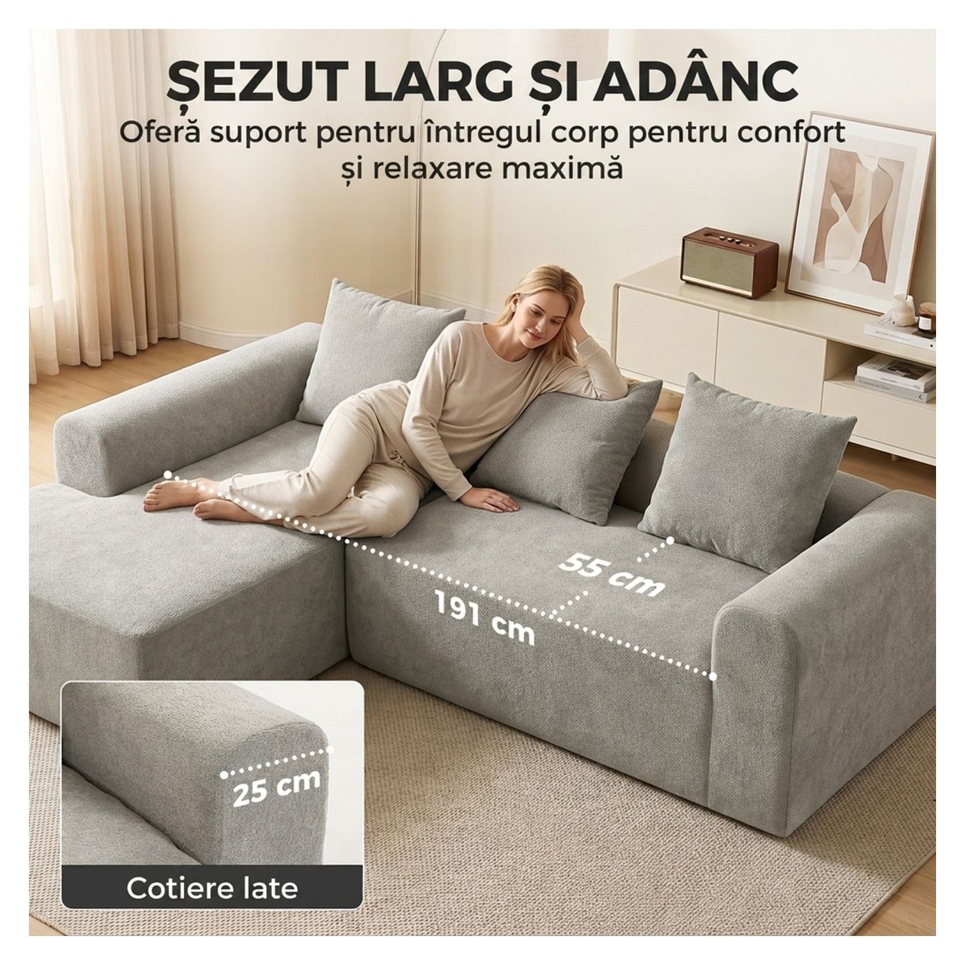 3-местен ъглов диван с лежанка, Широка седалка, Модулен диван с лежанка, Широки подлакътници, 3 възглавници, Дамаска тип Шенил, - 6
