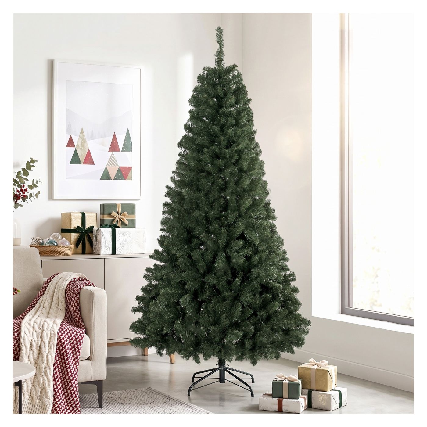 Изкуствена коледна елха, 200 см, 1000 огнеупорни връхчета, богат вид, сгъваема метална стойка, дизайн Норвежка смърч, зелена - 10