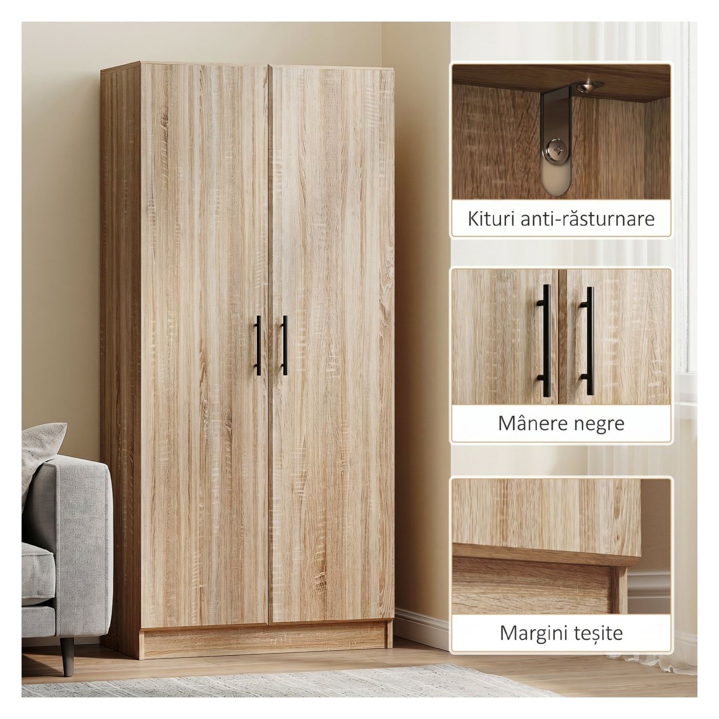Кухненски шкаф с врати с плавно затваряне, Кухненски шкаф за съхранение с 2 регулируеми рафта, Мебели за хол, Шкаф за антре - 7