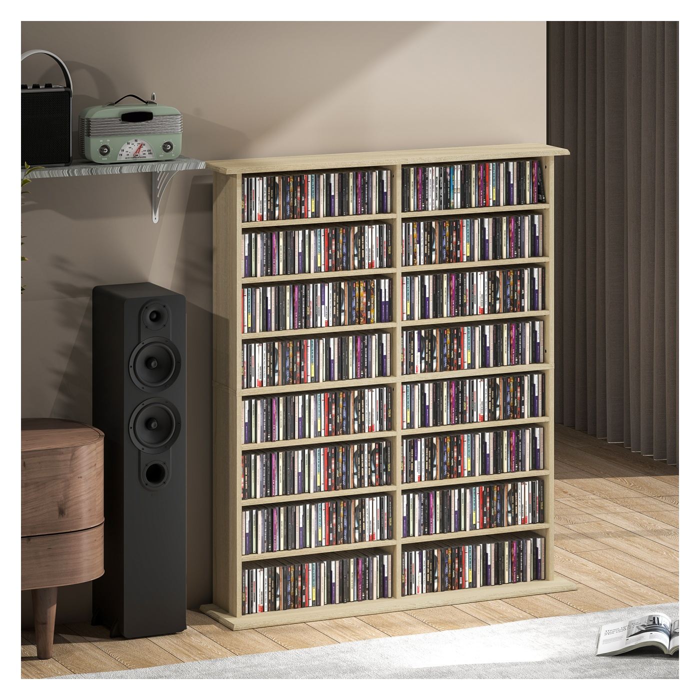 Шкаф за CD дискове с 12 регулируеми рафта, дървен рафт за всекидневна, спалня, офис, 106.5 x 24 x 126.3 см, натурален - 9
