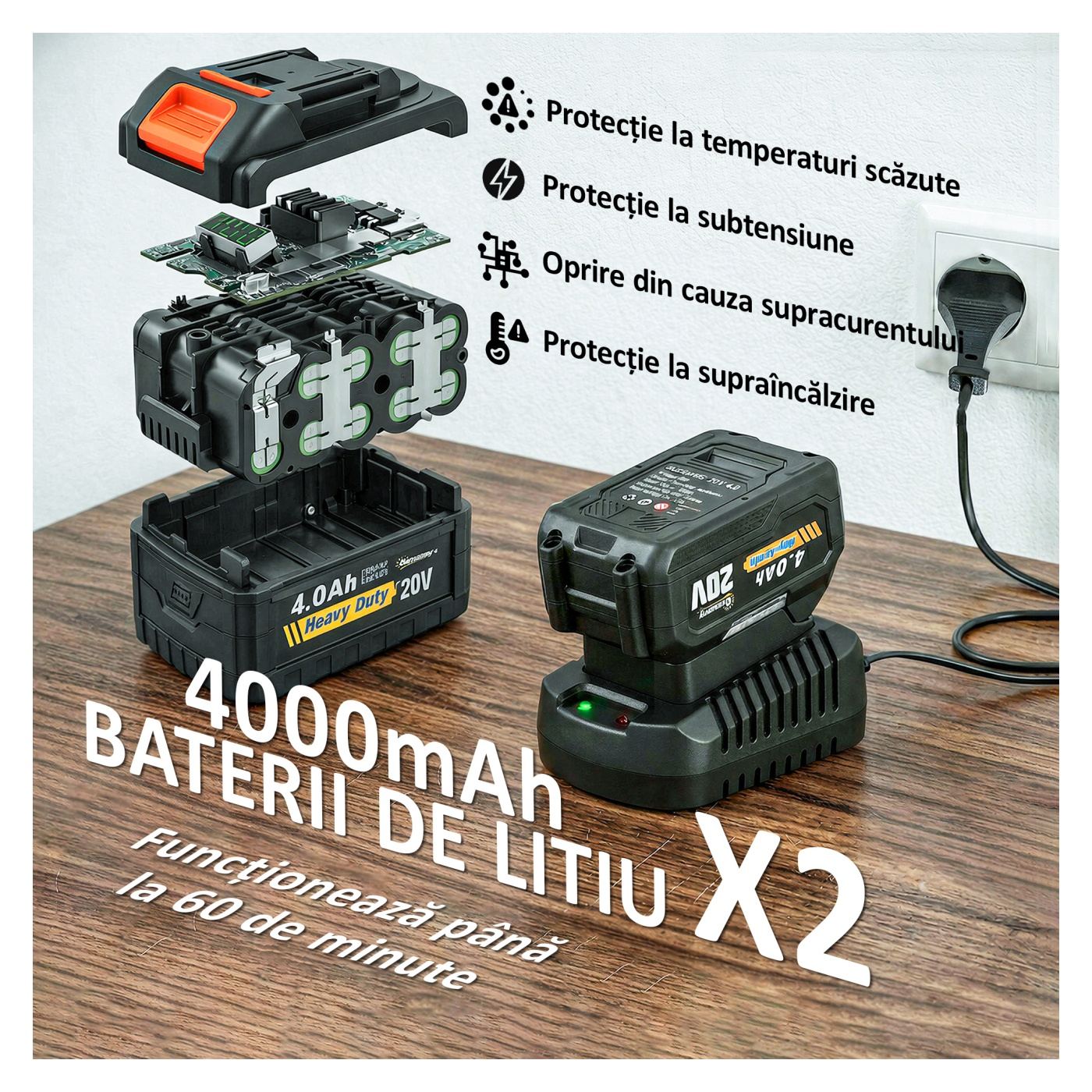Акумулаторен храсторез 18V, Градински тример с 2 x 4Ah батерии, зарядно устройство, регулируем телескопичен прът - 5