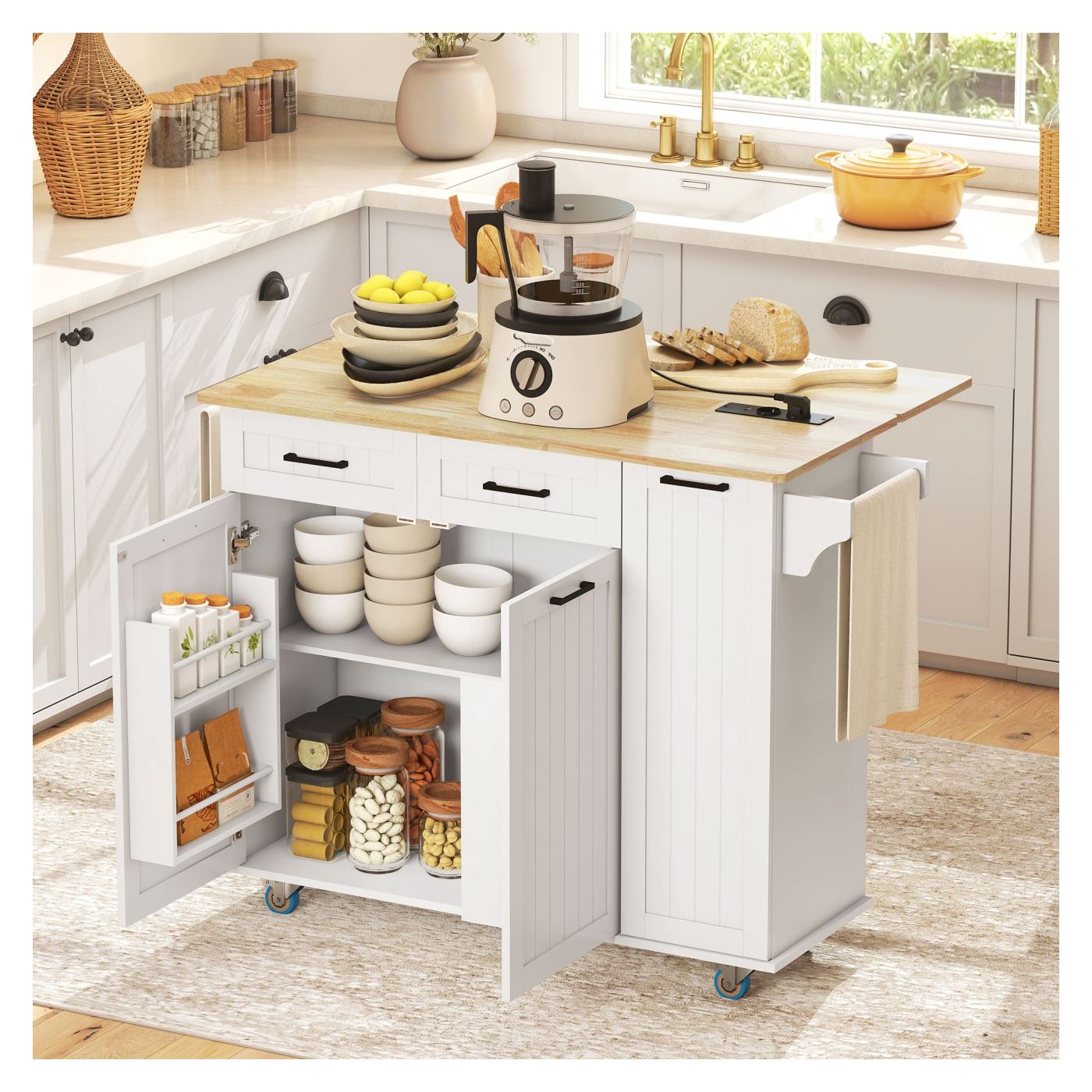 Кухненски остров с колелца, кухненски шкаф със зарядна станция, сгъваем дървен плот, регулируеми рафтове, 2 чекмеджета, бял - 2