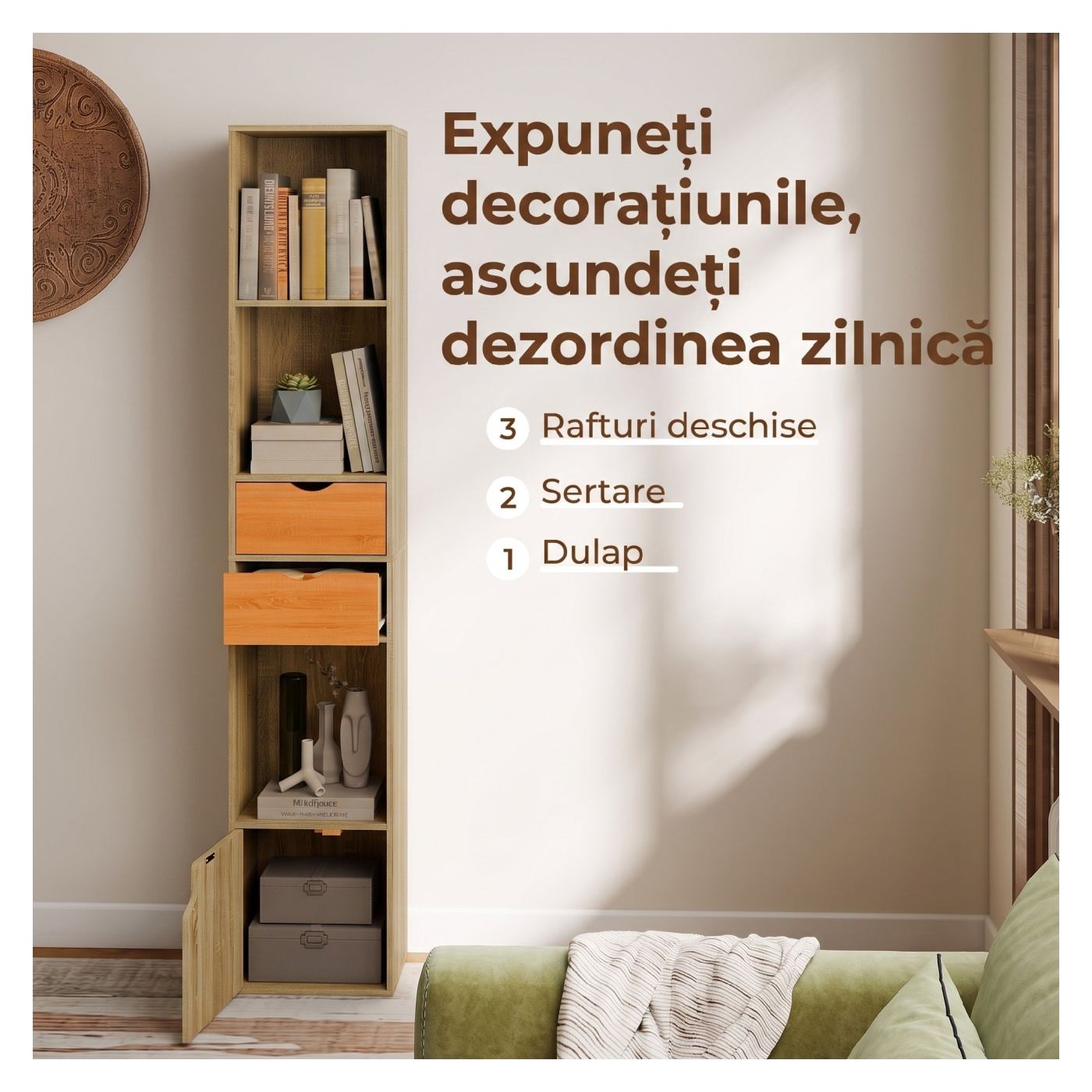 Тясна библиотека с 6 рафта, 2 чекмеджета, врата и отворени рафтове, 30x24x158 см, дъб - 4