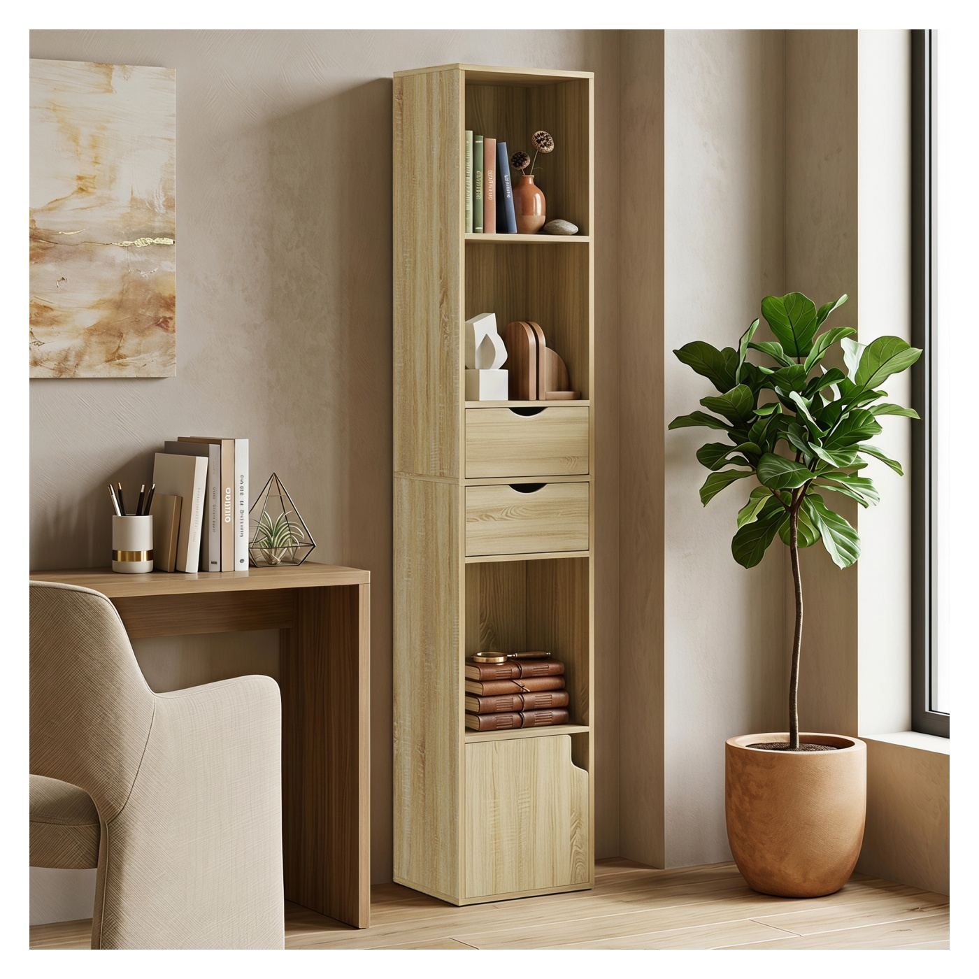 Тясна библиотека с 6 рафта, 2 чекмеджета, врата и отворени рафтове, 30x24x158 см, дъб - 8