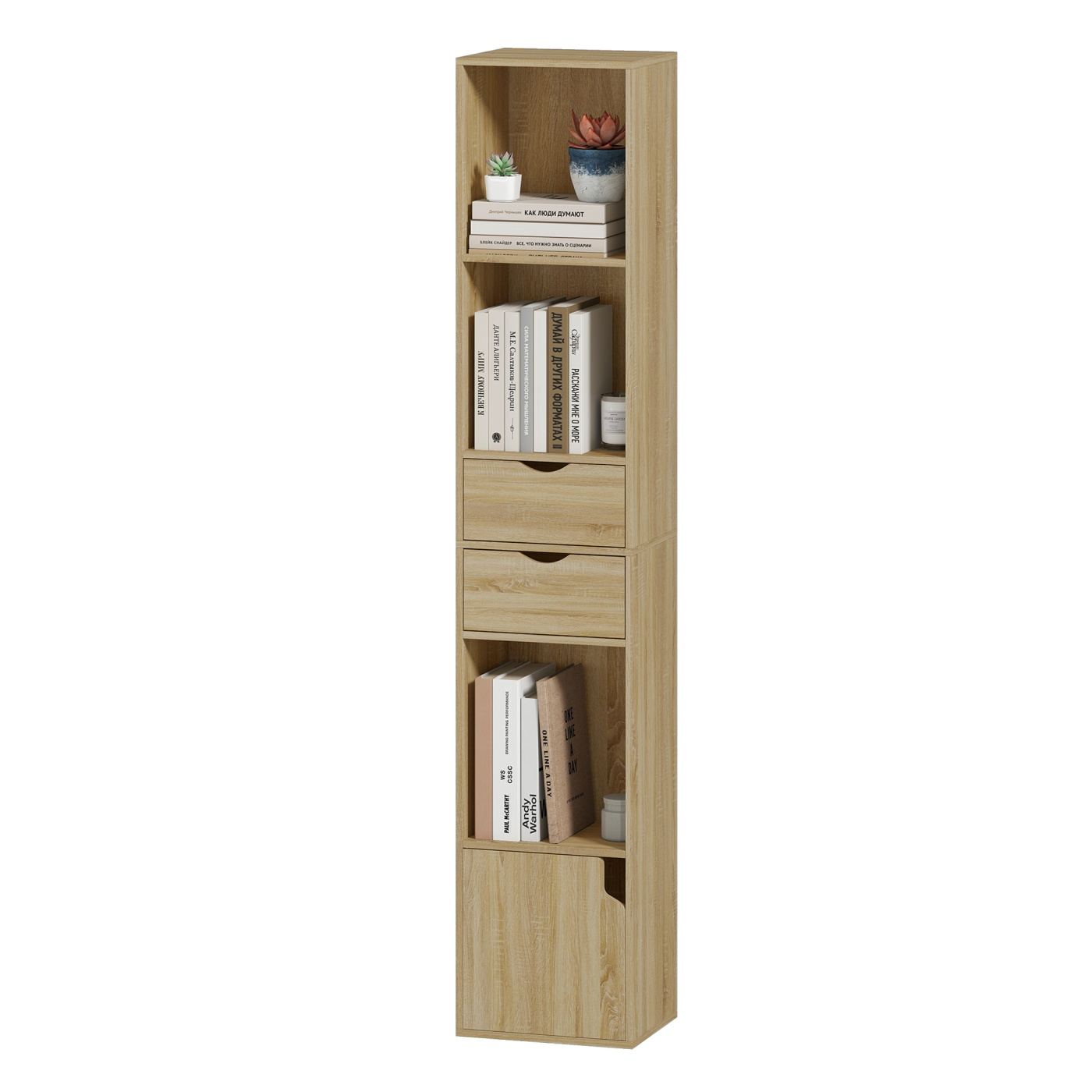 Тясна библиотека с 6 рафта, 2 чекмеджета, врата и отворени рафтове, 30x24x158 см, дъб - 12