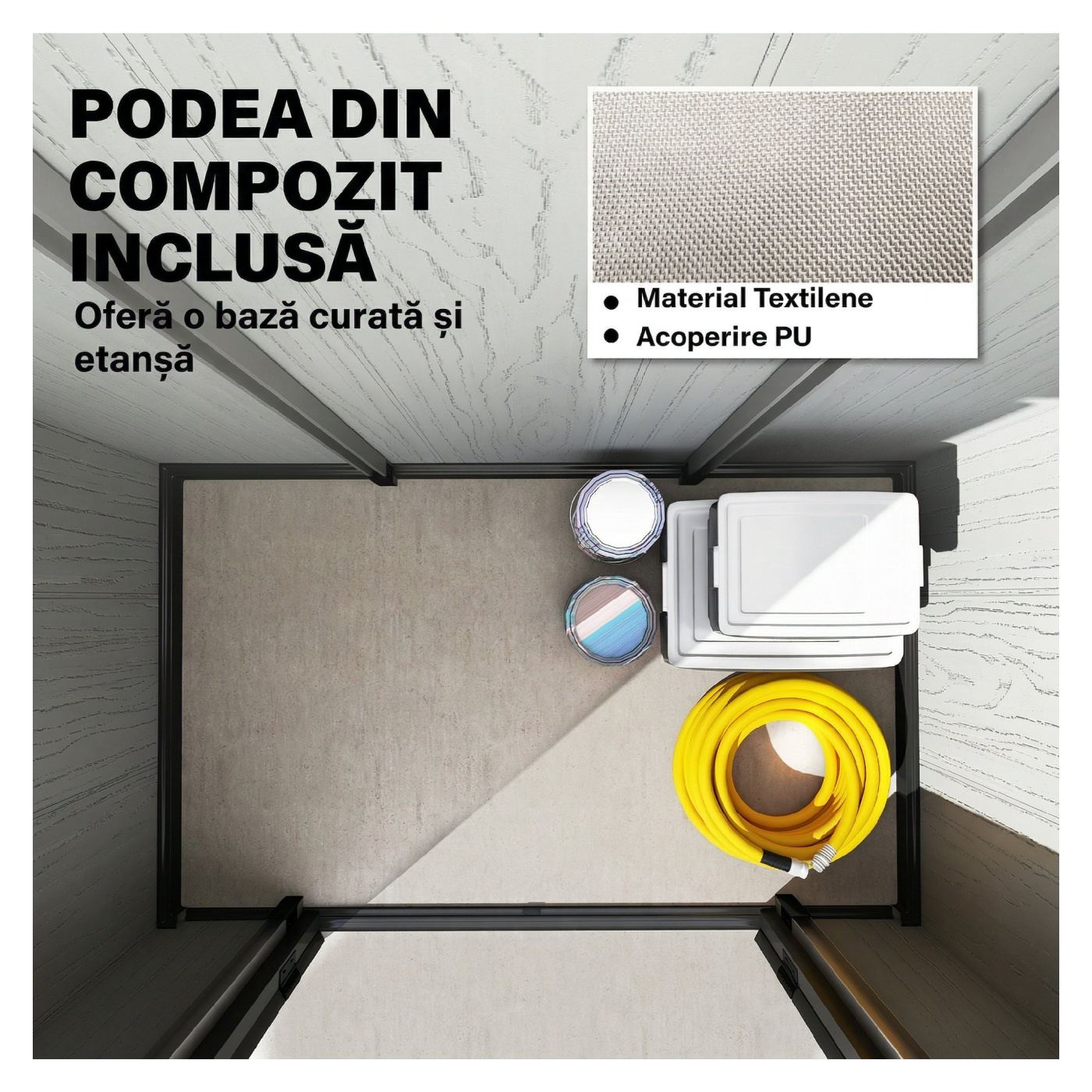 Градинска постройка 1.3м² Пластмасова с под, Метална рамка, Склад за инструменти с вентилация, 2 прозореца, Двойна врата - 6