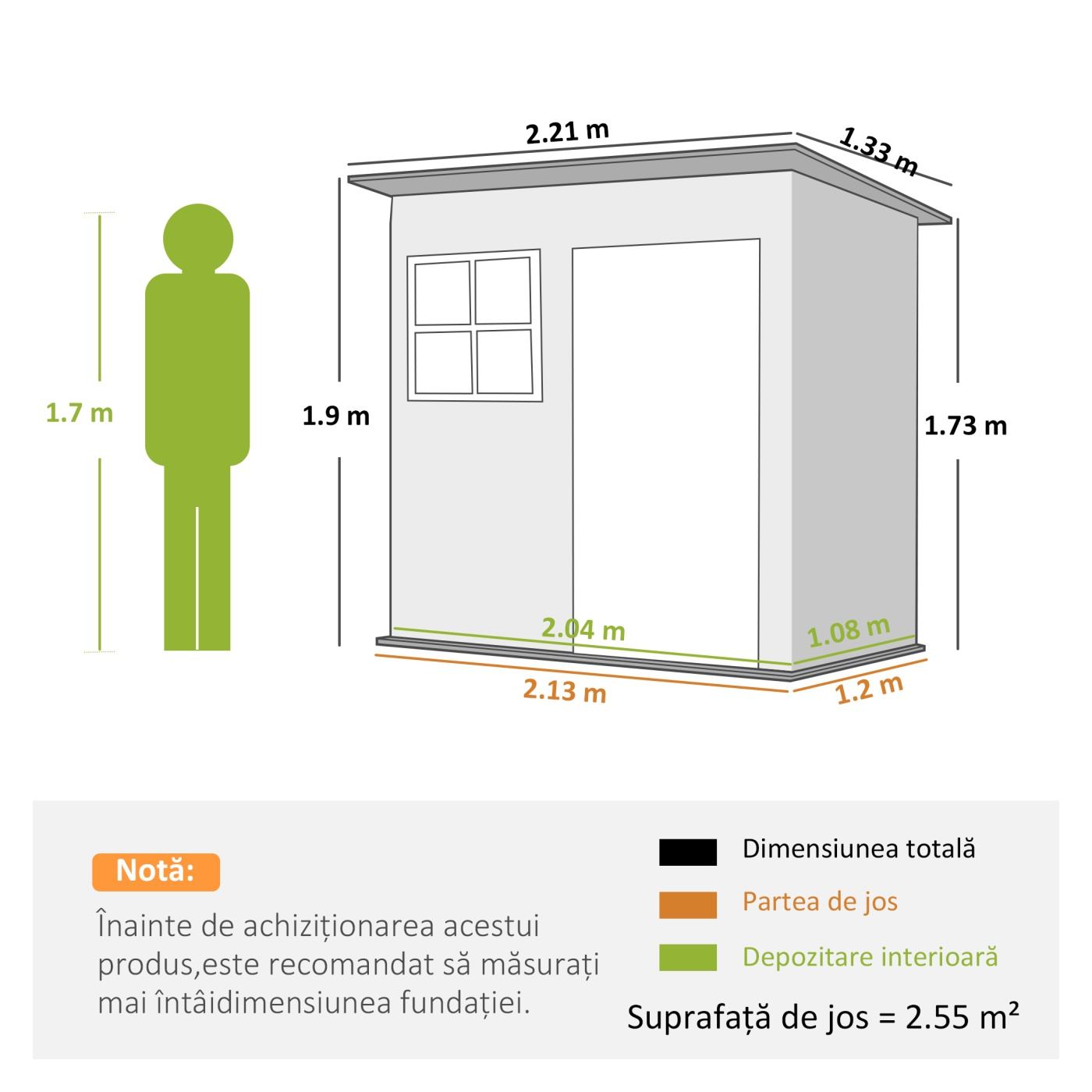 Градинска постройка 2.55 м² поцинкована стомана с комплект за основа, заключваща се врата, наклонен покрив, прозорец, за външна - 3