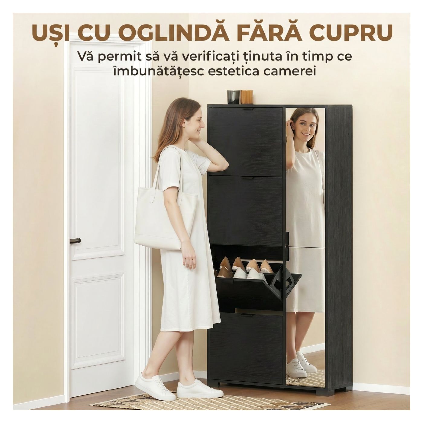 Тясна шкаф за обувки Slim с 2 огледални врати и 4 падащи чекмеджета, антре шкаф за съхранение с регулируеми рафтове, 2 шкафа, 5 - 4