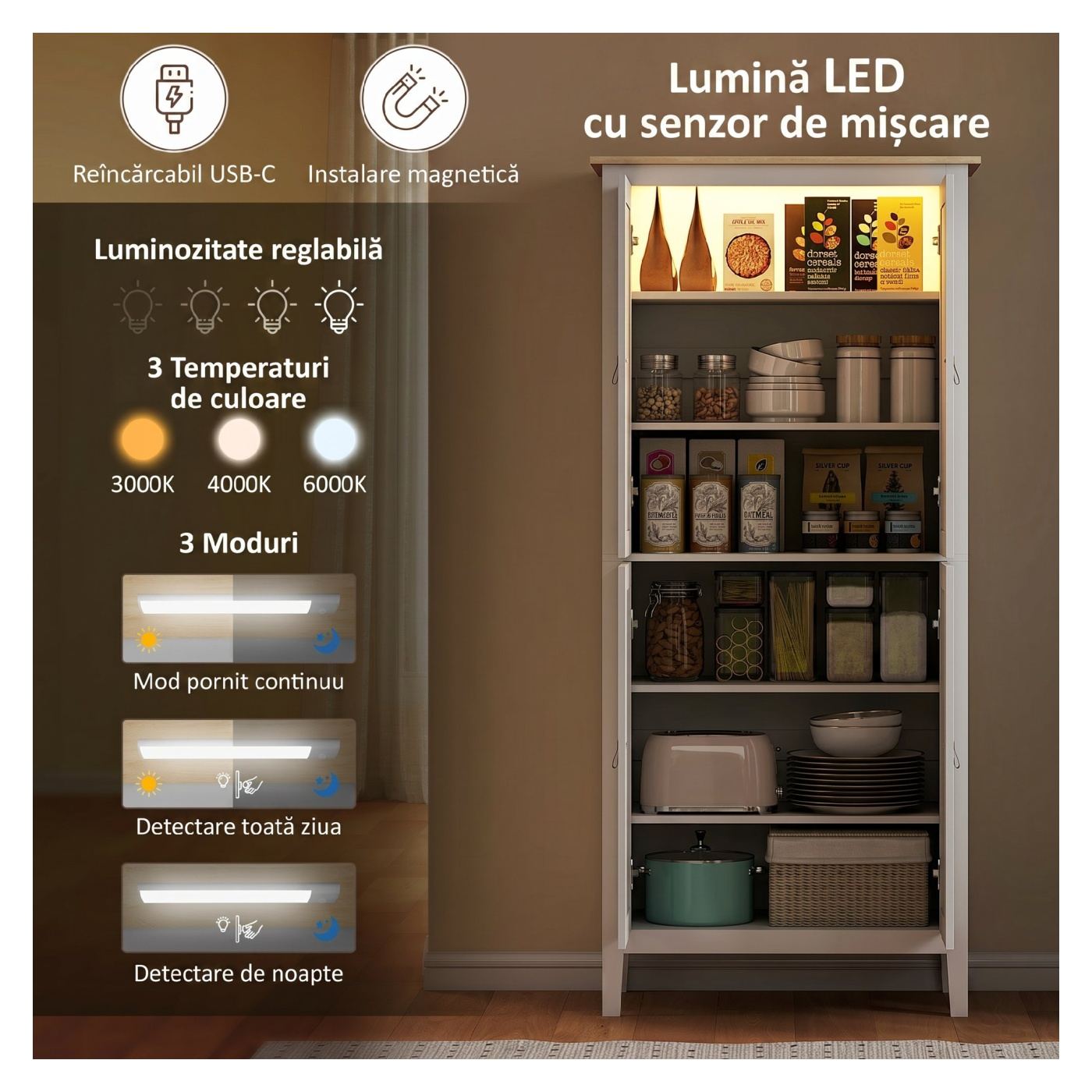 Висок кухненски бюфет 177 см, свободностоящ шкаф с LED сензор за движение, 3-цветно димируемо осветление, 4 врати - 4