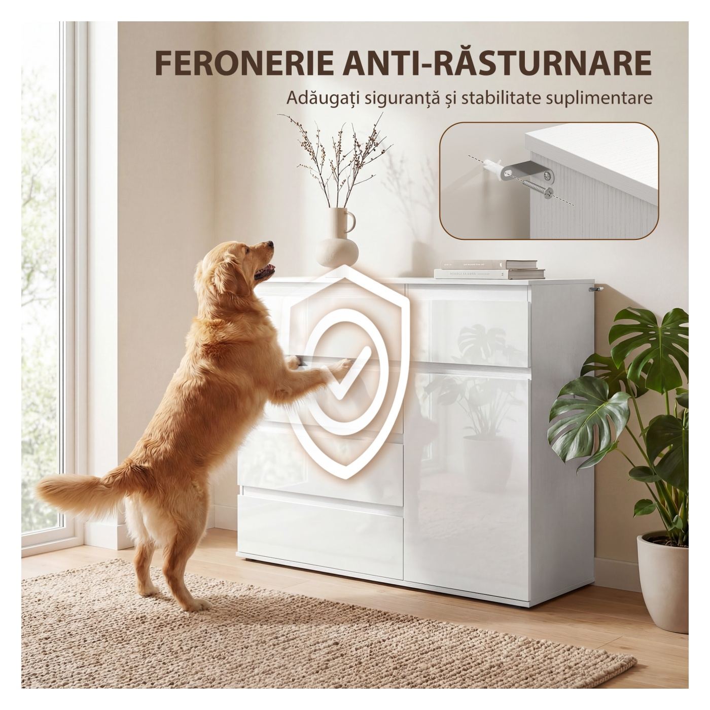 Скрин за спалня с 5 чекмеджета и модерен шкаф с регулируем рафт, врата с плавно затваряне, компактна тоалетка за хол - 8