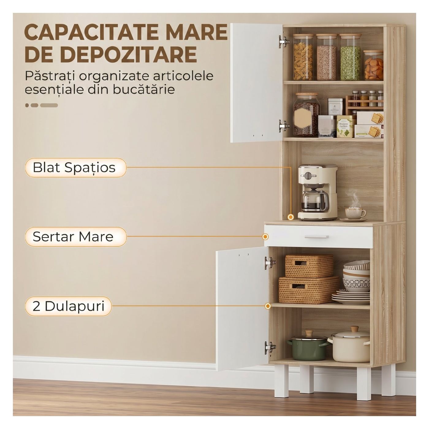Висок кухненски шкаф, модул за съхранение с 2 врати, голямо чекмедже, плот, рафтове и отвор за кабели, мебели - 4