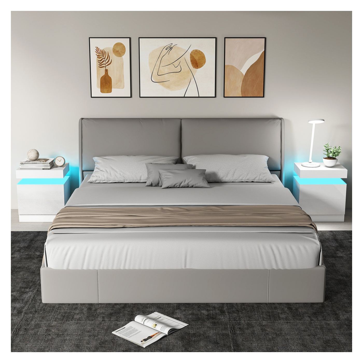 Комплект от 2 LED нощни шкафчета с 4 режима, 2 чекмеджета, спални масички, 45x35x52 см, гланцово бяло - 2